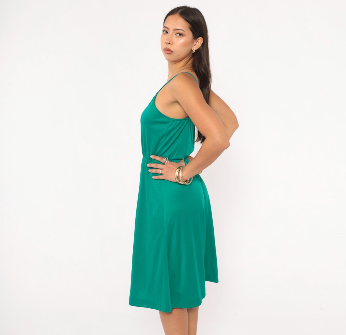 70s Teal Spaghetti Strap Sundress V Neck Gathered Waist Knee Length Extra Small