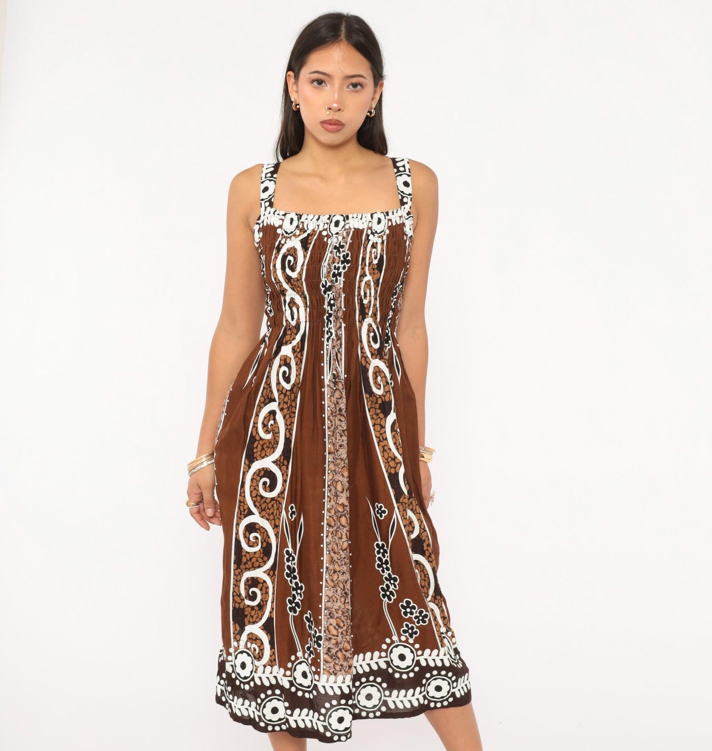 2000s Batik Sundress Brown White Floral Square Neck Cutout Small Medium