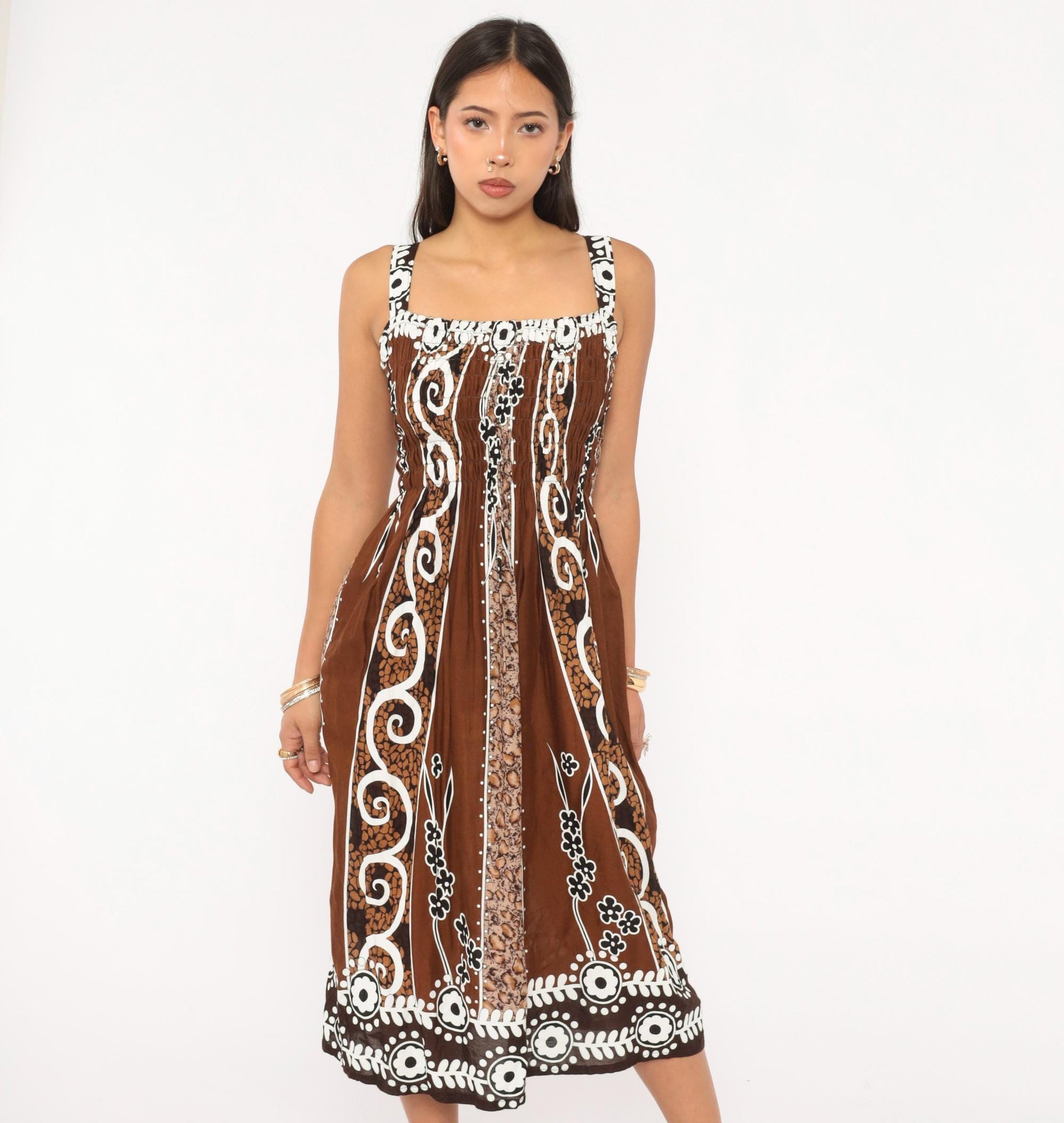 2000s Batik Sundress Brown White Floral Square Neck Cutout Small Medium