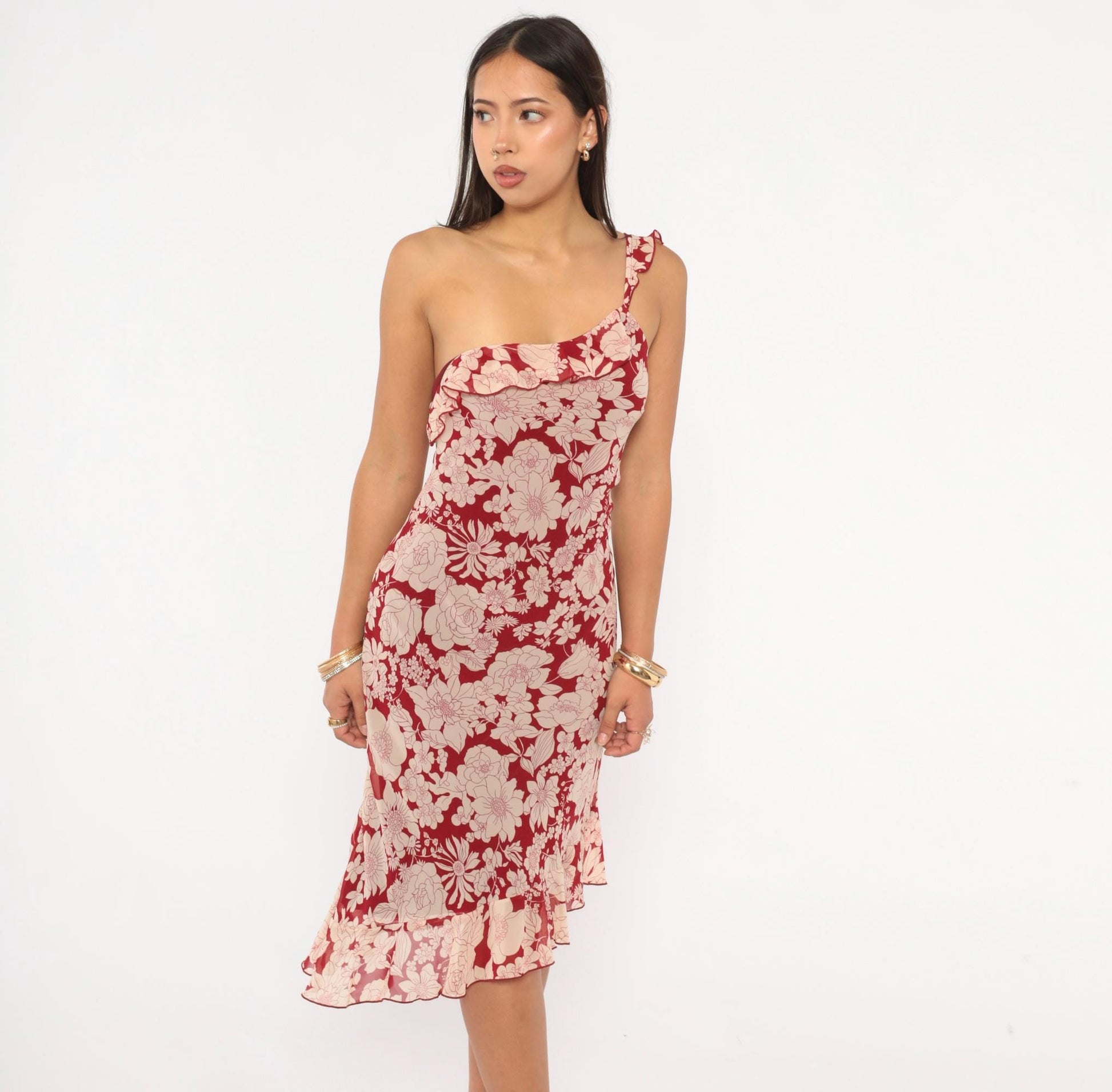 Y2K Debut USA Floral One-Shoulder Dress Red Cream Knee-Length Large L