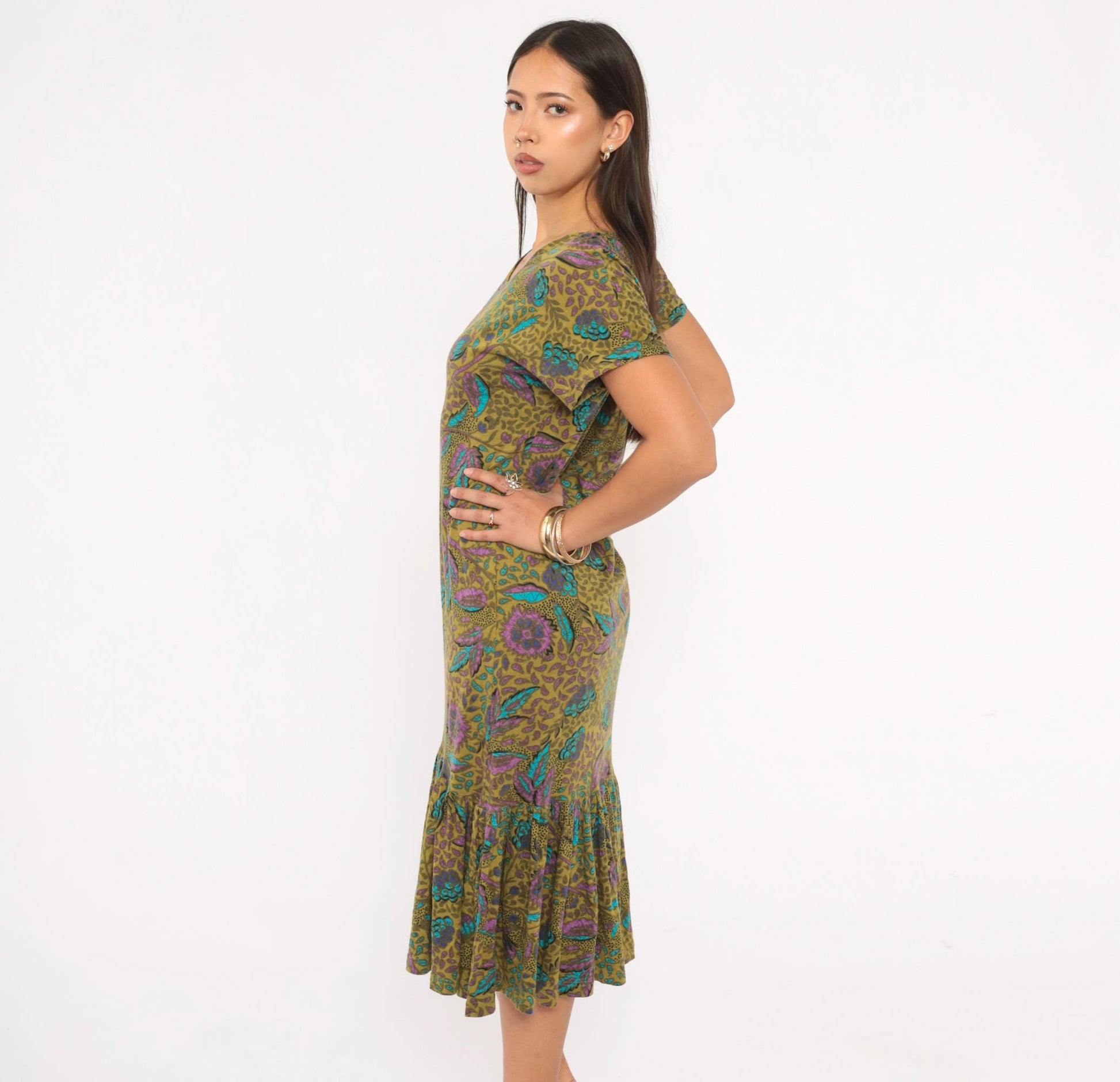 2000s Nina Hazan Olive Floral Midi Dress V-Neck Ruffle Hem Small