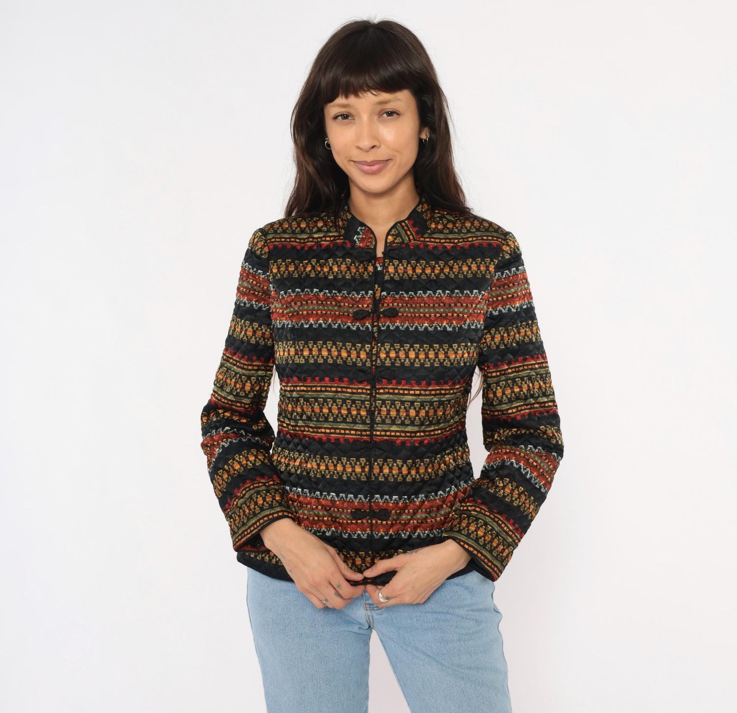 90s Juno Esque Quilted Jacket Mandarin Collar Tribal Stripe Black Gold Red Small