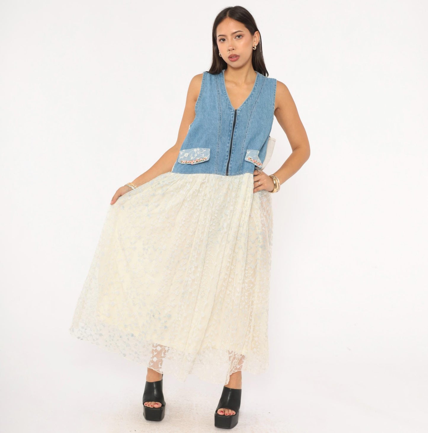 90s Modelle Designs Denim Lace Maxi Dress Sleeveless V Neck Floral Embroidered Cream Large L