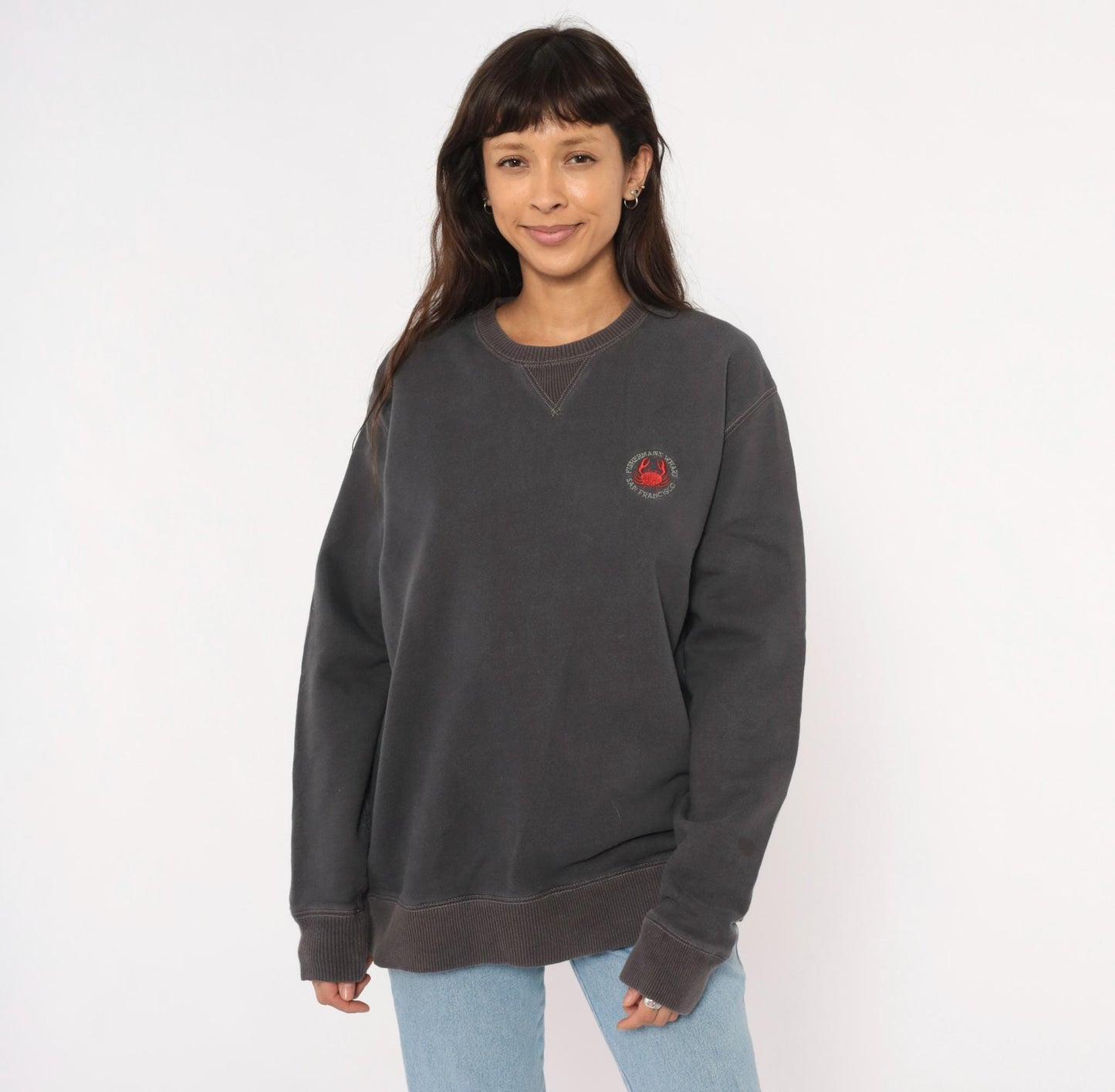 90s Crazy Shirts Fisherman's Wharf San Francisco Crab Embroidered Sweatshirt Charcoal Grey Medium M