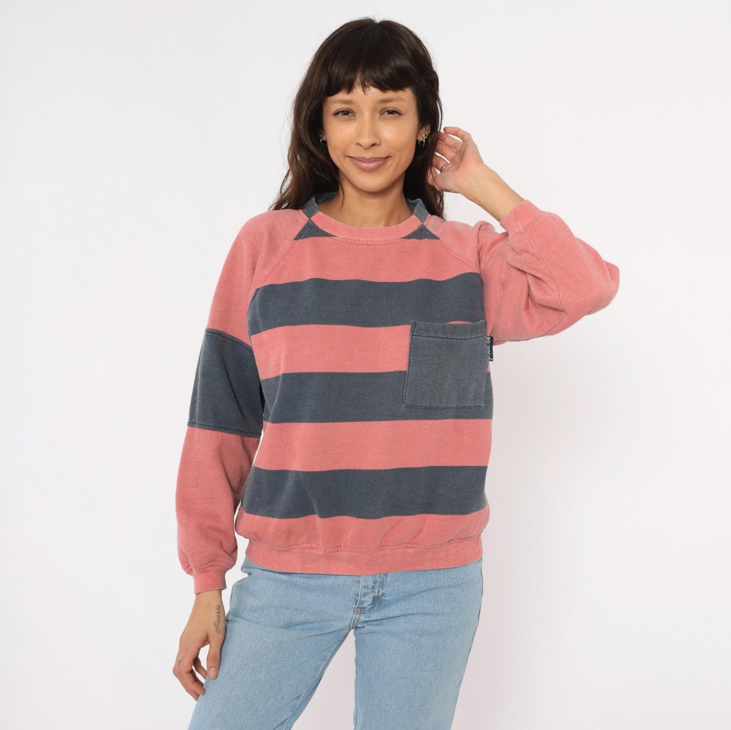 90s Saturdays Pink Navy Striped Rugby Sweatshirt Raglan Sleeve Medium
