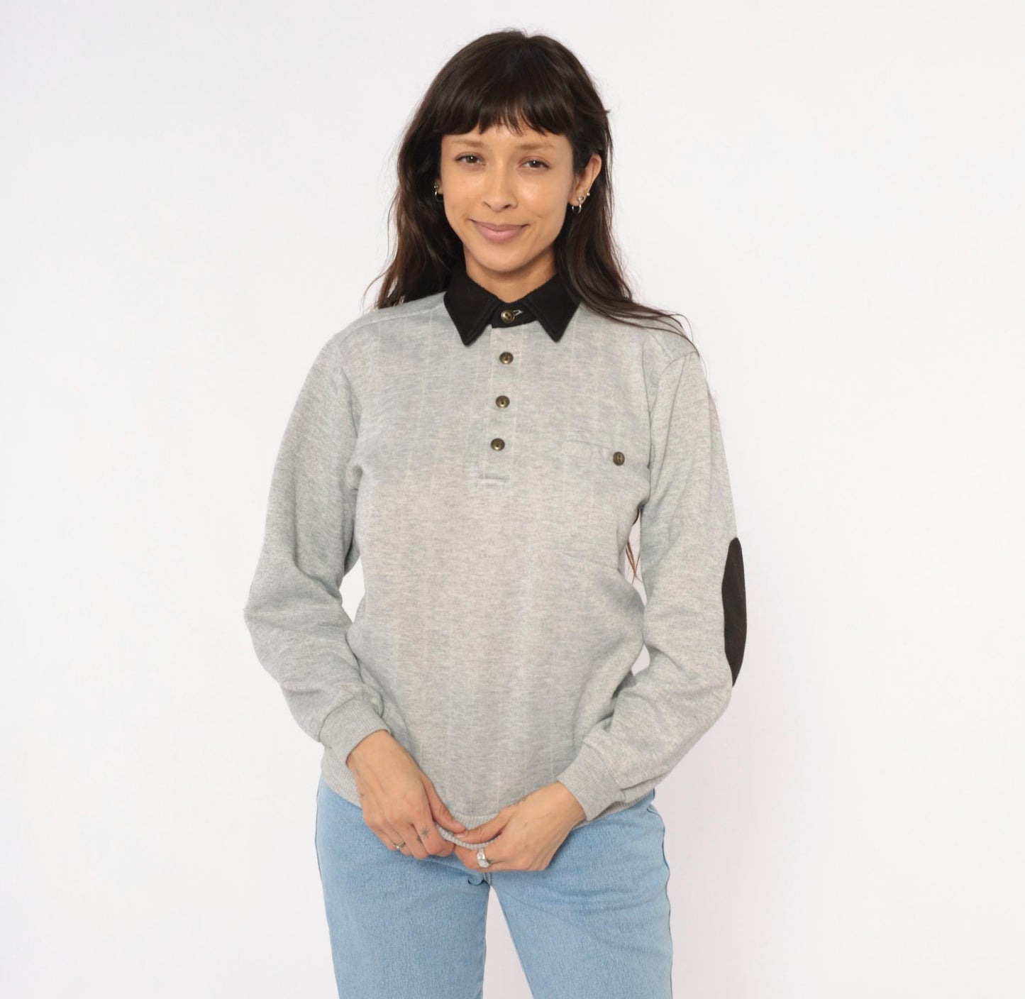 90s Scandia Woods Henley Sweatshirt Black Collar Elbow Patch Grey Small
