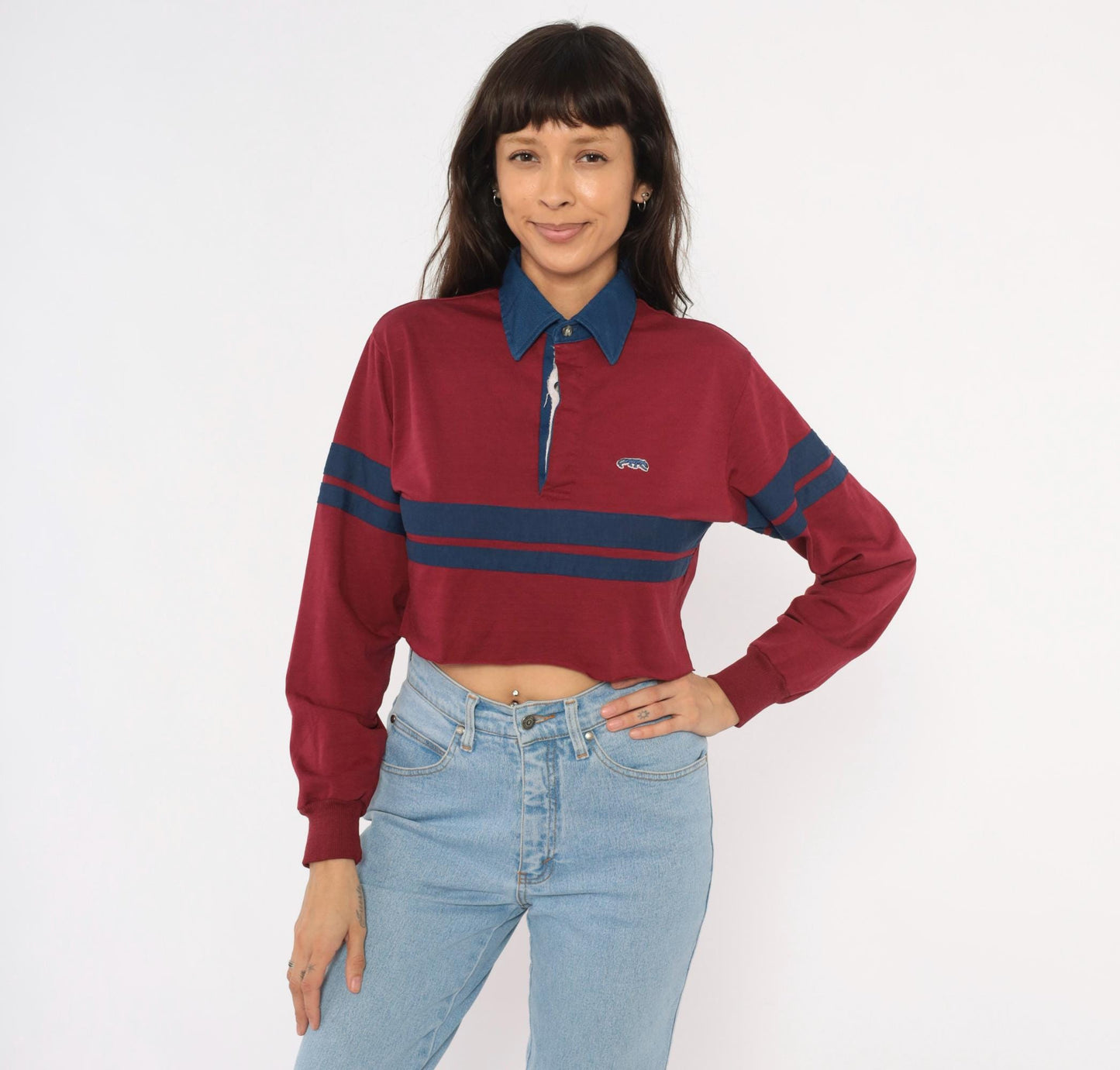 80s Burgundy Navy Stripe Cropped Rugby Polo Cotton Small Medium