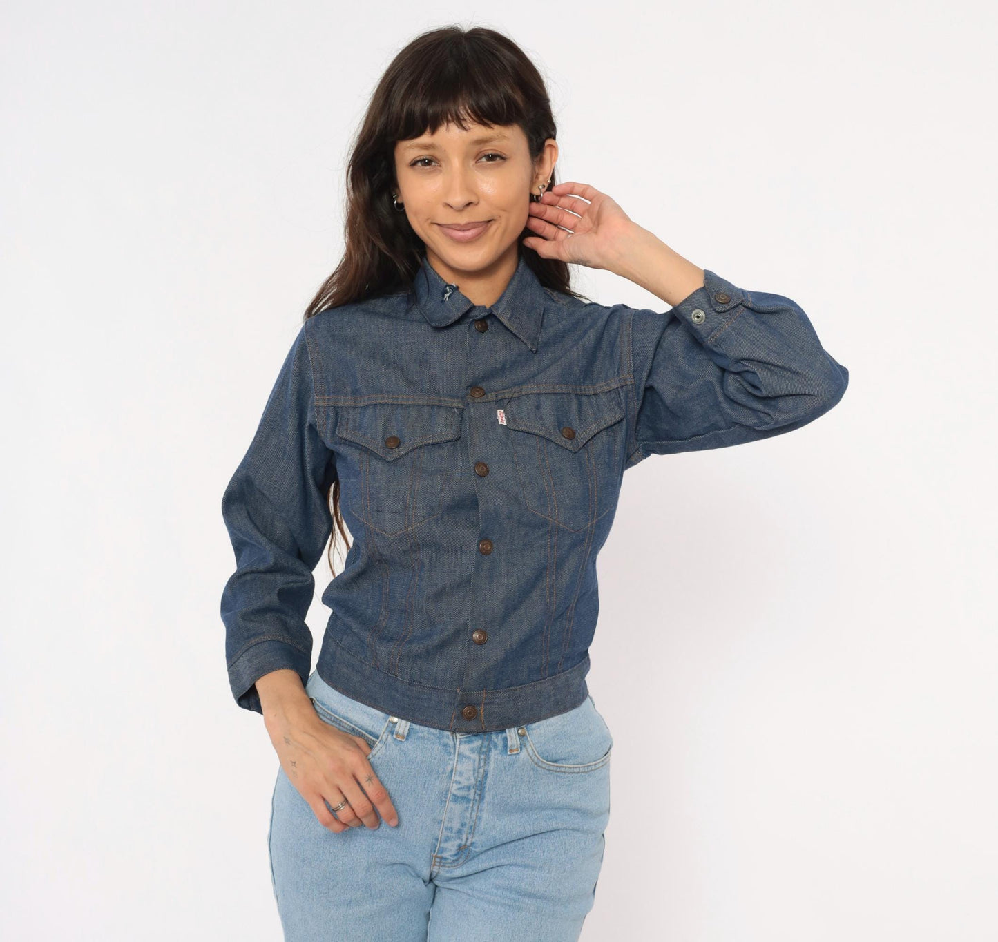80s Levi's Denim Trucker Jacket Dark Indigo Snap Button Cropped Extra Small XS