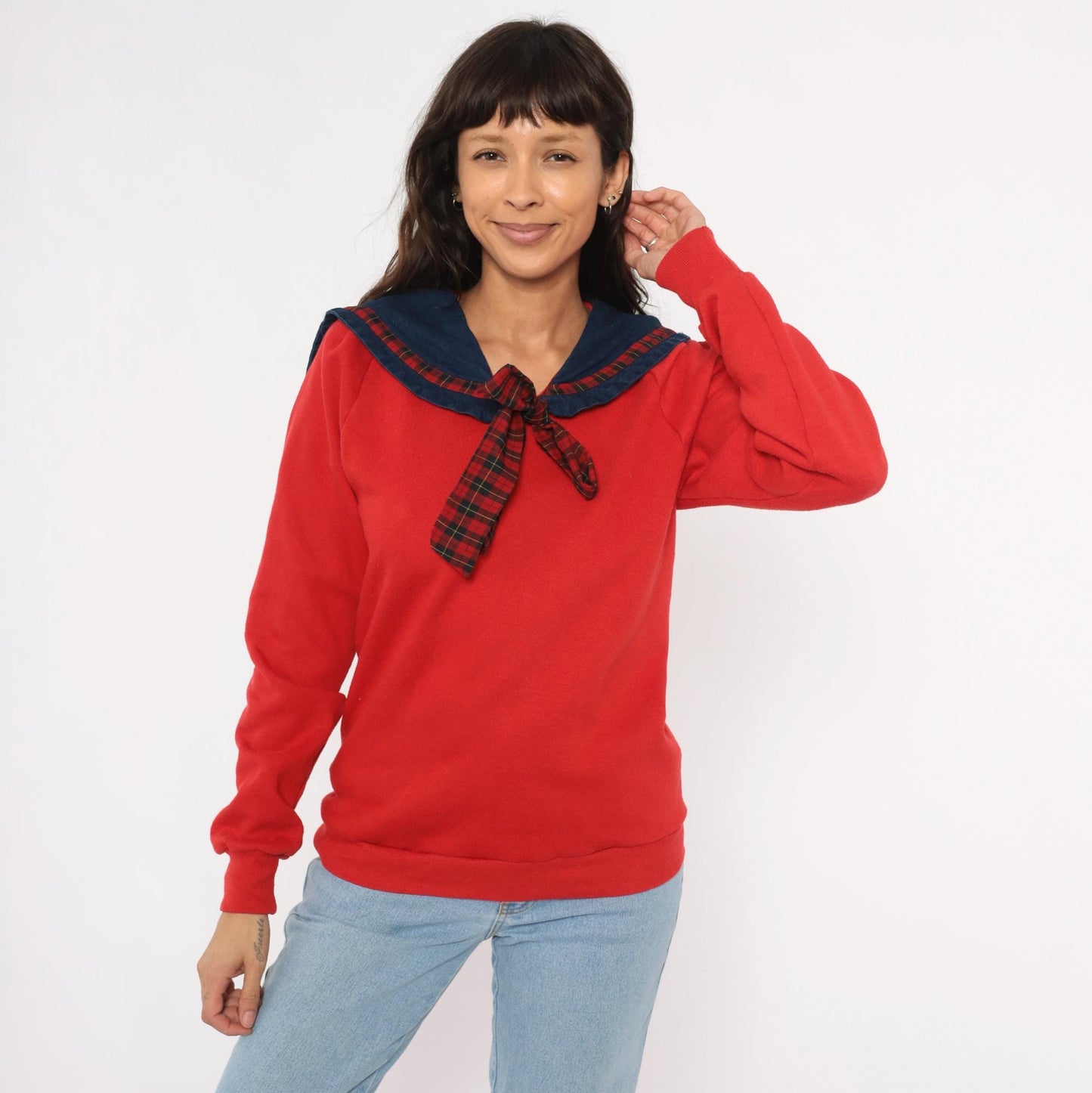 90s Jerzees Sailor Collar Sweatshirt Red Plaid Bow Denim Bib Medium M