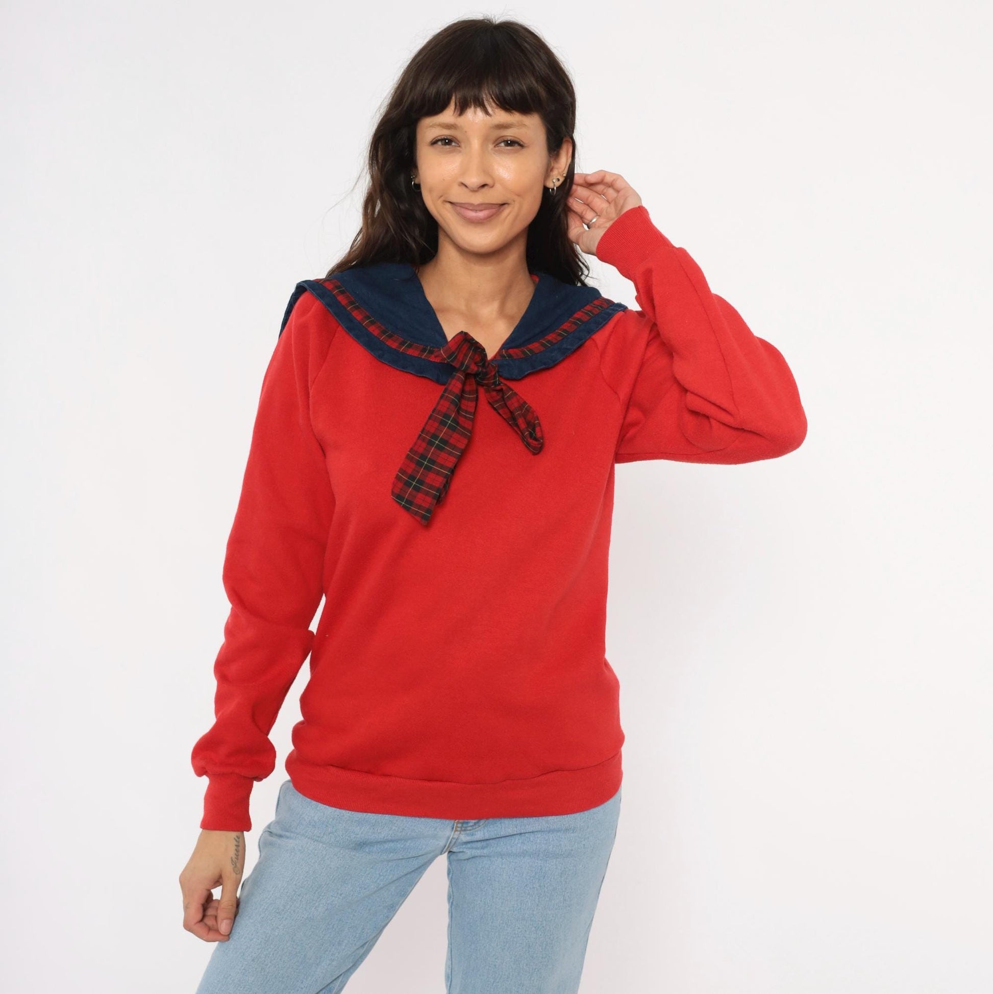 90s Jerzees Sailor Collar Sweatshirt Red Plaid Bow Denim Bib Medium M