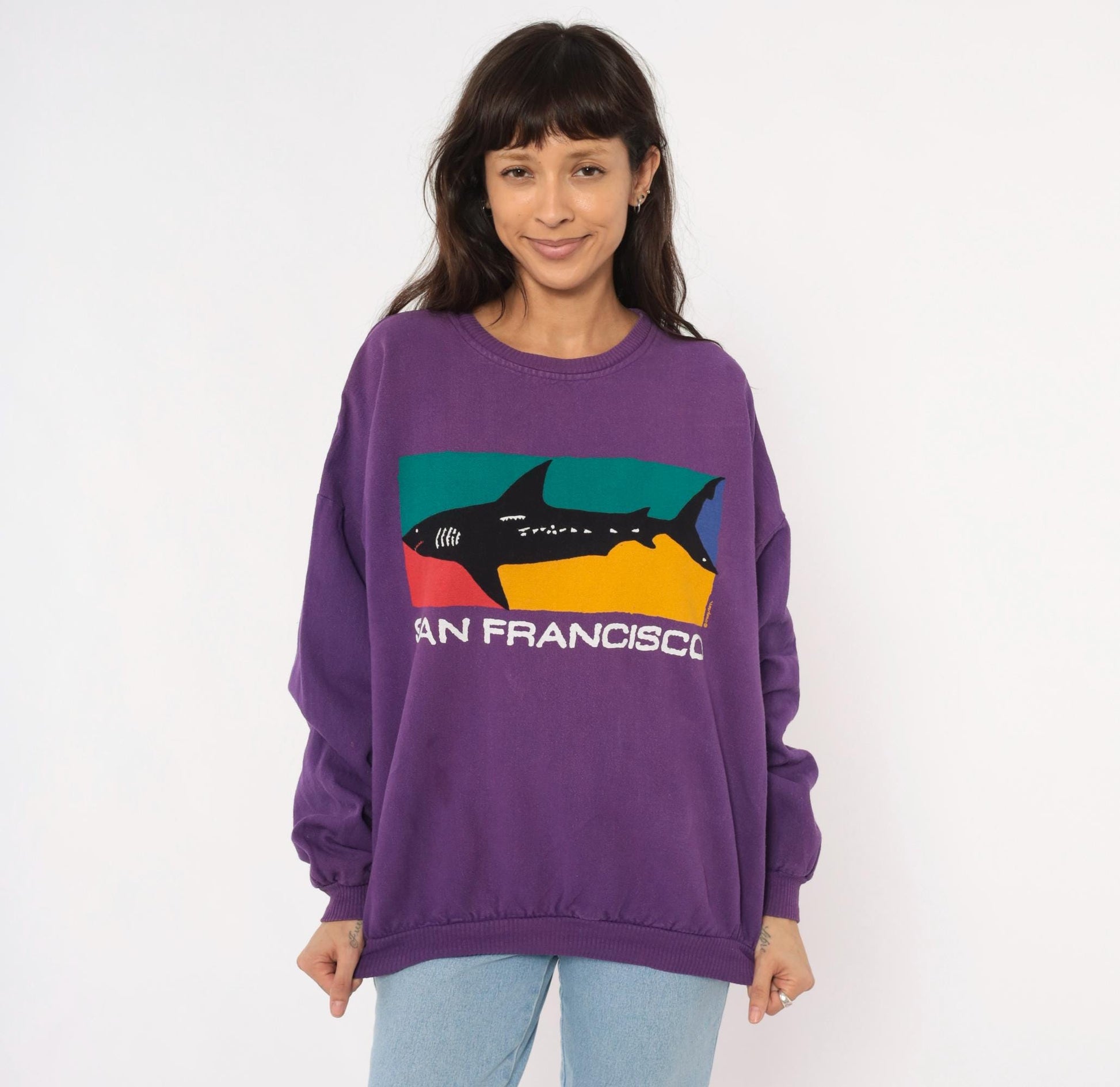 90s Crazy Shirt San Francisco Shark Colorblock Sweatshirt Purple Medium