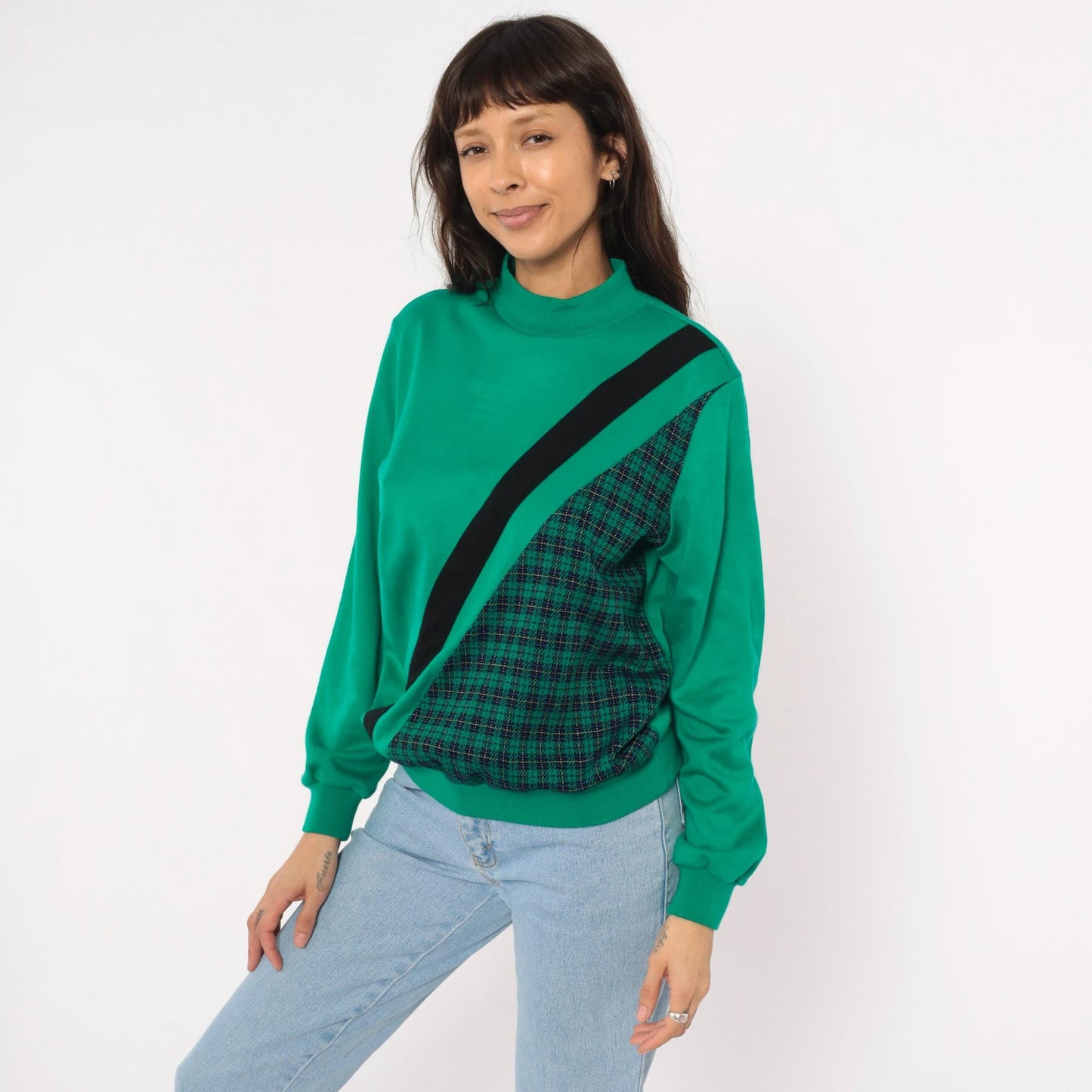 80s Alfred Dunner Mock Neck Sweatshirt Green Houndstooth Plaid Panel Small