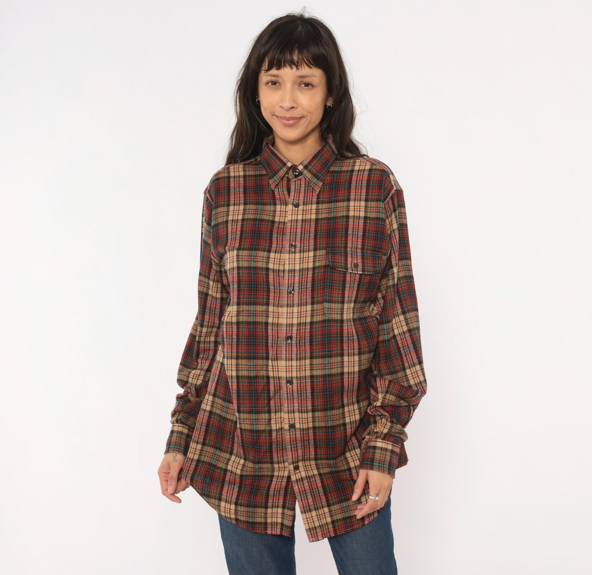 90s Enro Sportswear Plaid Flannel Shirt Burgundy Green Tartan Button-Up Large Tall
