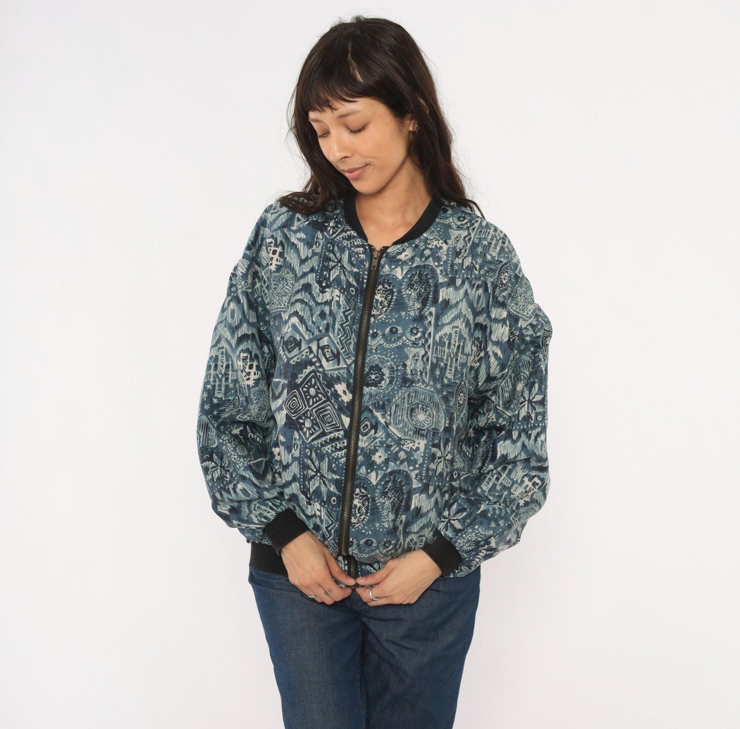 90s Silk Bomber Jacket Abstract Tribal Print Blue Grey Unisex Small