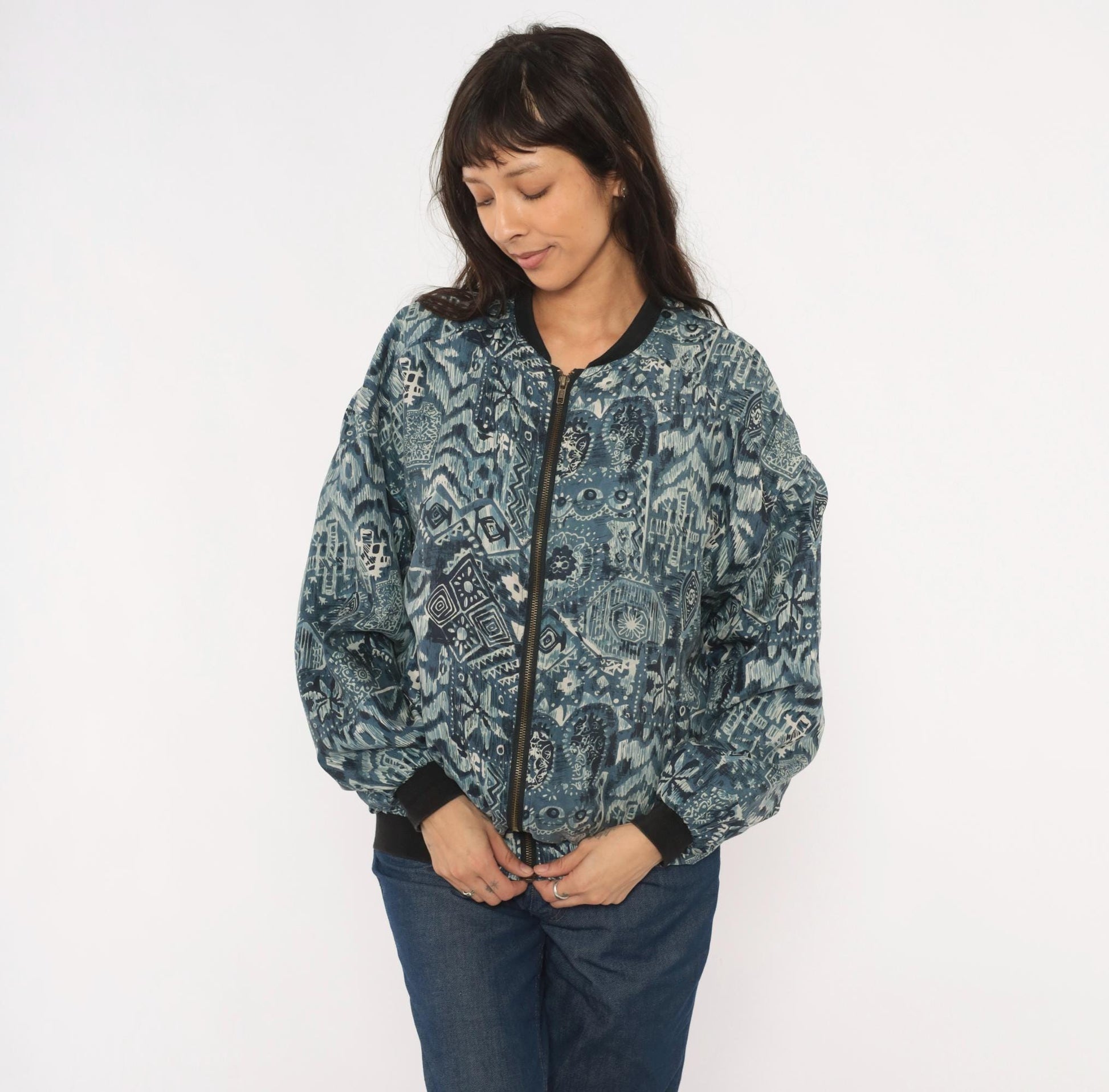 90s Silk Bomber Jacket Abstract Tribal Print Blue Grey Unisex Small