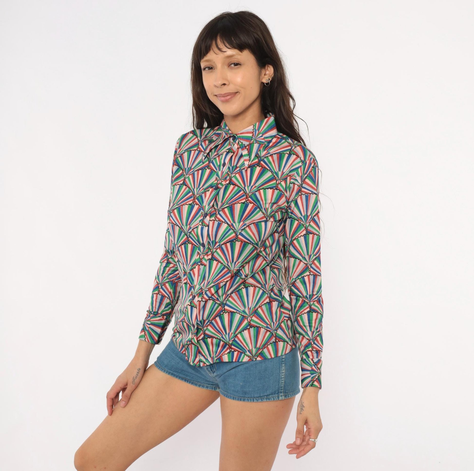 70s Helen Sue Fan Print Shirt Geometric Button Front Pointed Collar Small