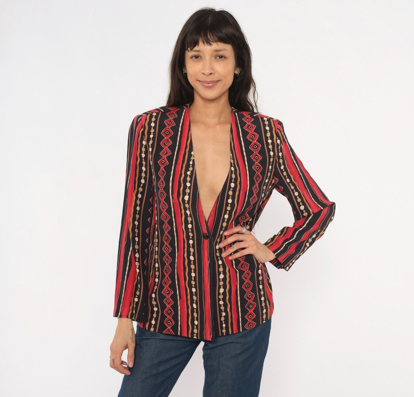 90s Southern Lady Tribal Stripe Blazer Collarless Geometric Black Small