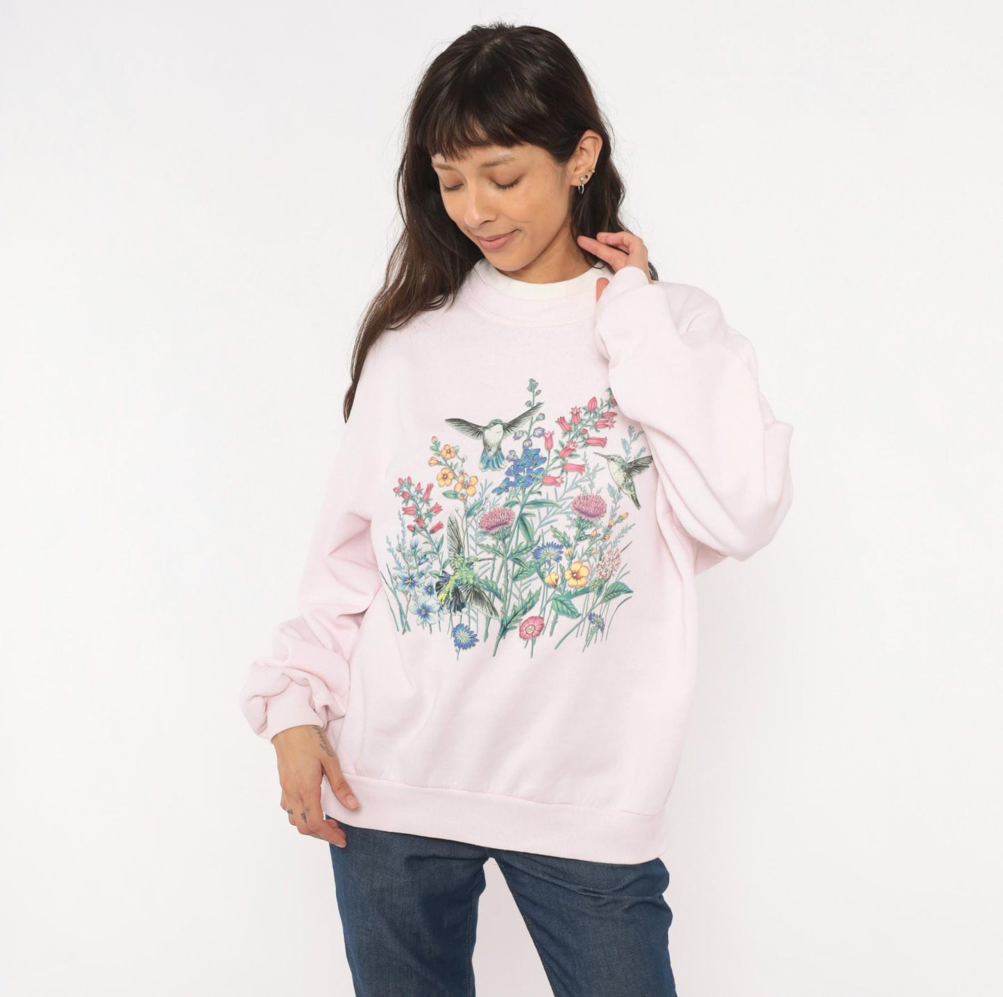 90s Jerzees Hummingbird Wildflower Sweatshirt Pink Crewneck Large L