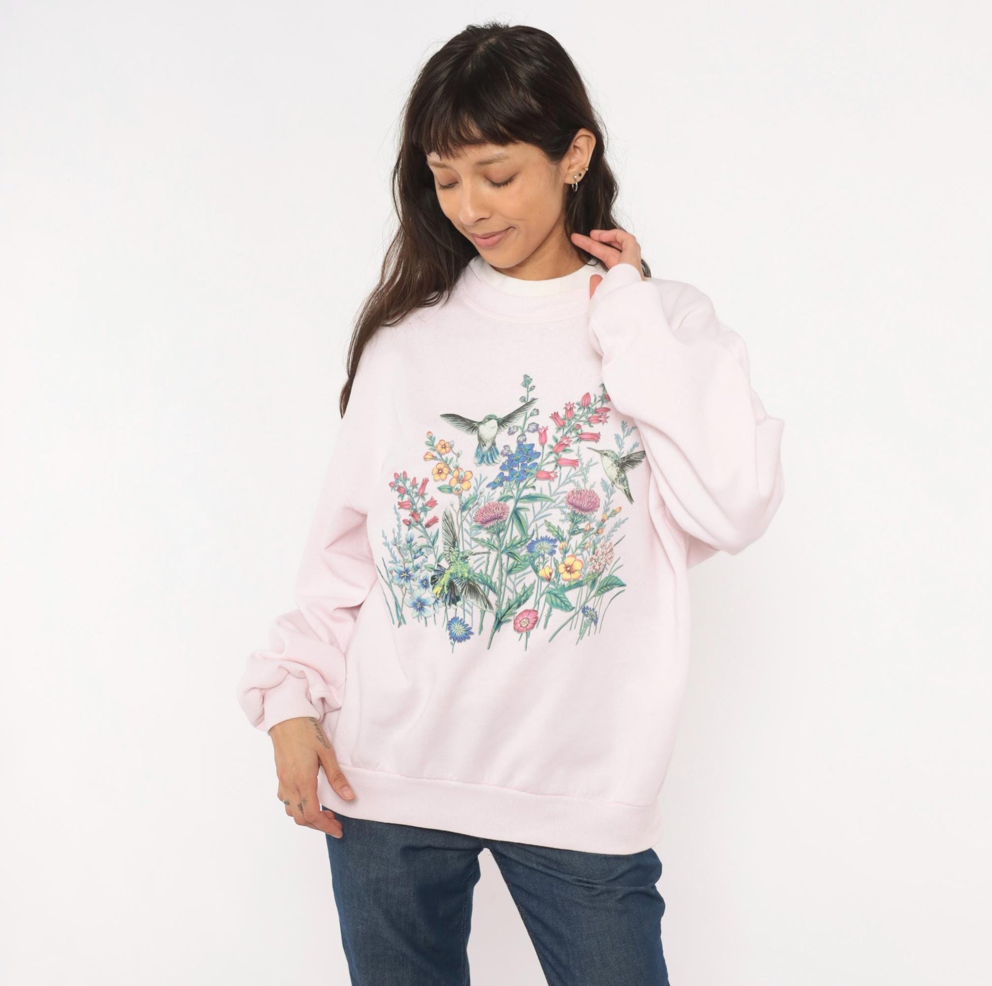 90s Jerzees Hummingbird Wildflower Sweatshirt Pink Crewneck Large L