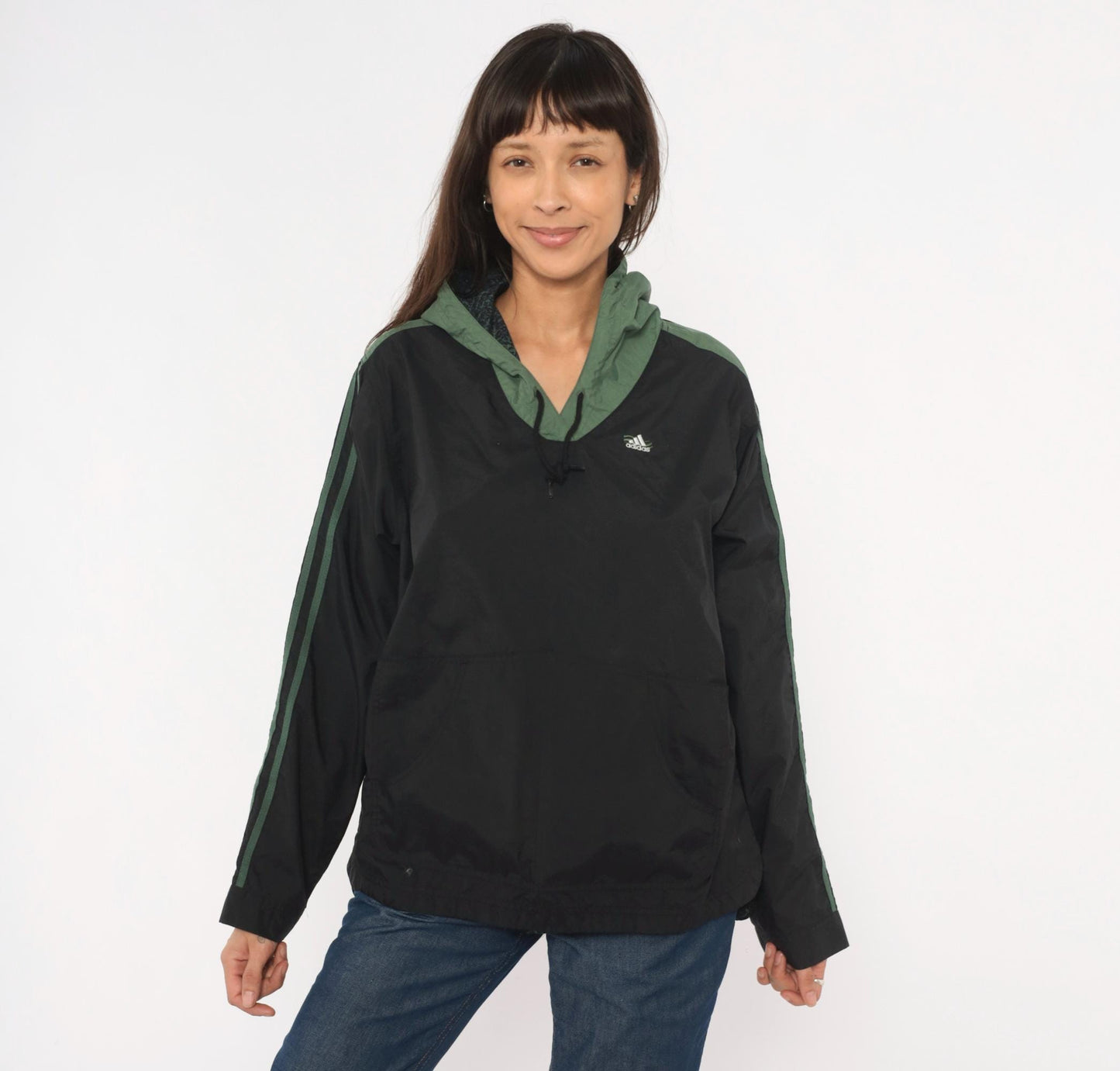 90s Adidas Pullover Windbreaker Black Olive Green Three Stripe Hooded Anorak Large L