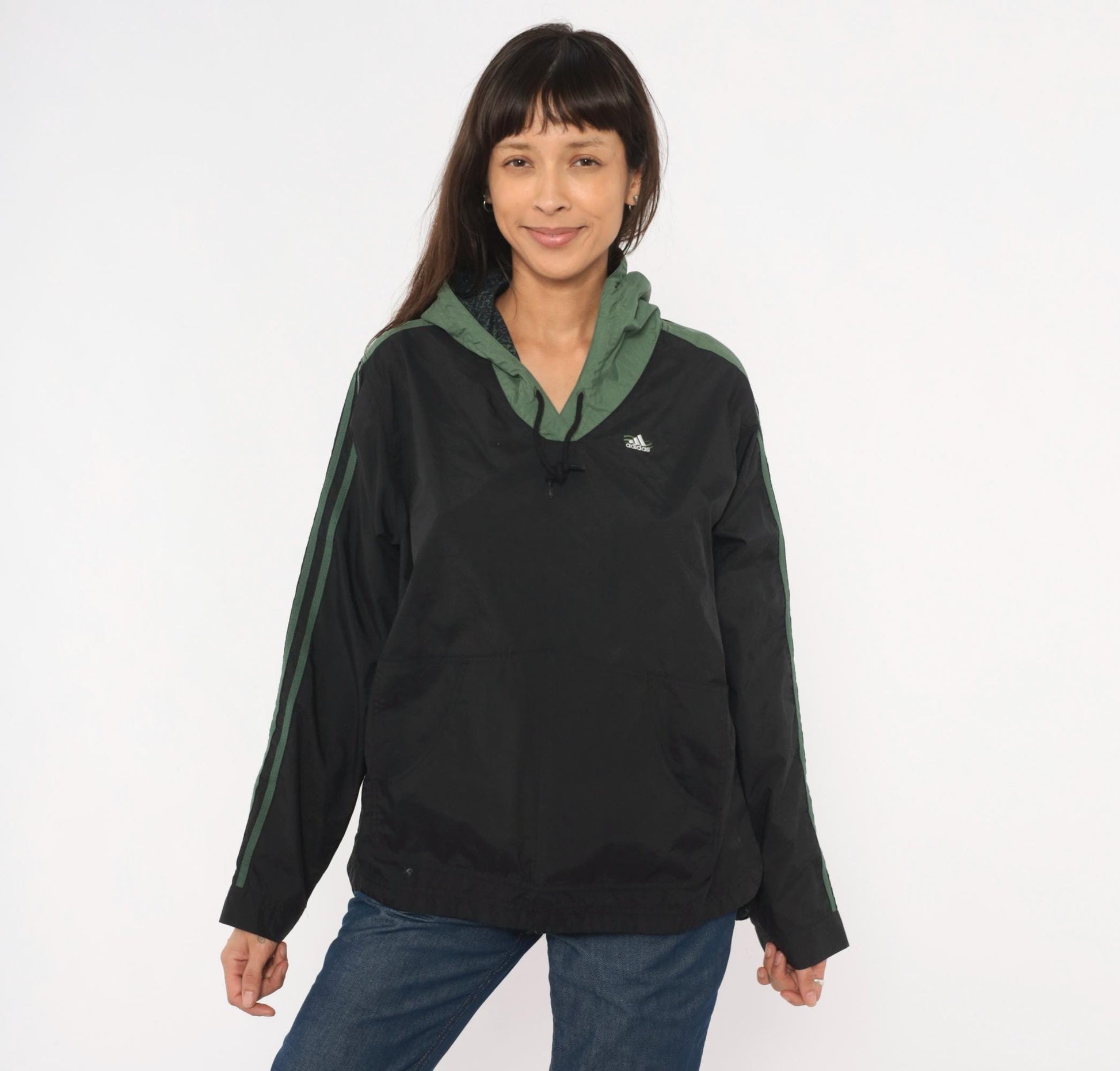 90s Adidas Pullover Windbreaker Black Olive Green Three Stripe Hooded Anorak Large L