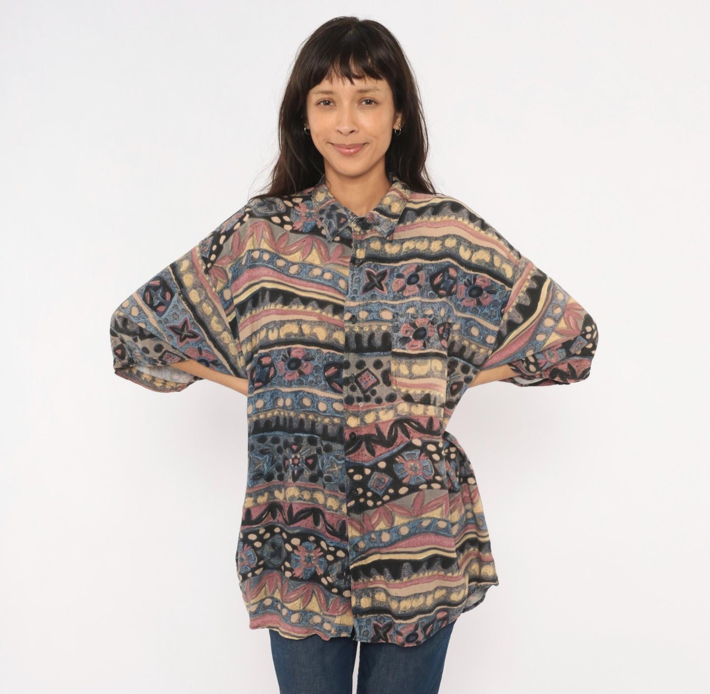 90s Hey Man Style Tribal Abstract Shirt Rayon Boxy Large L