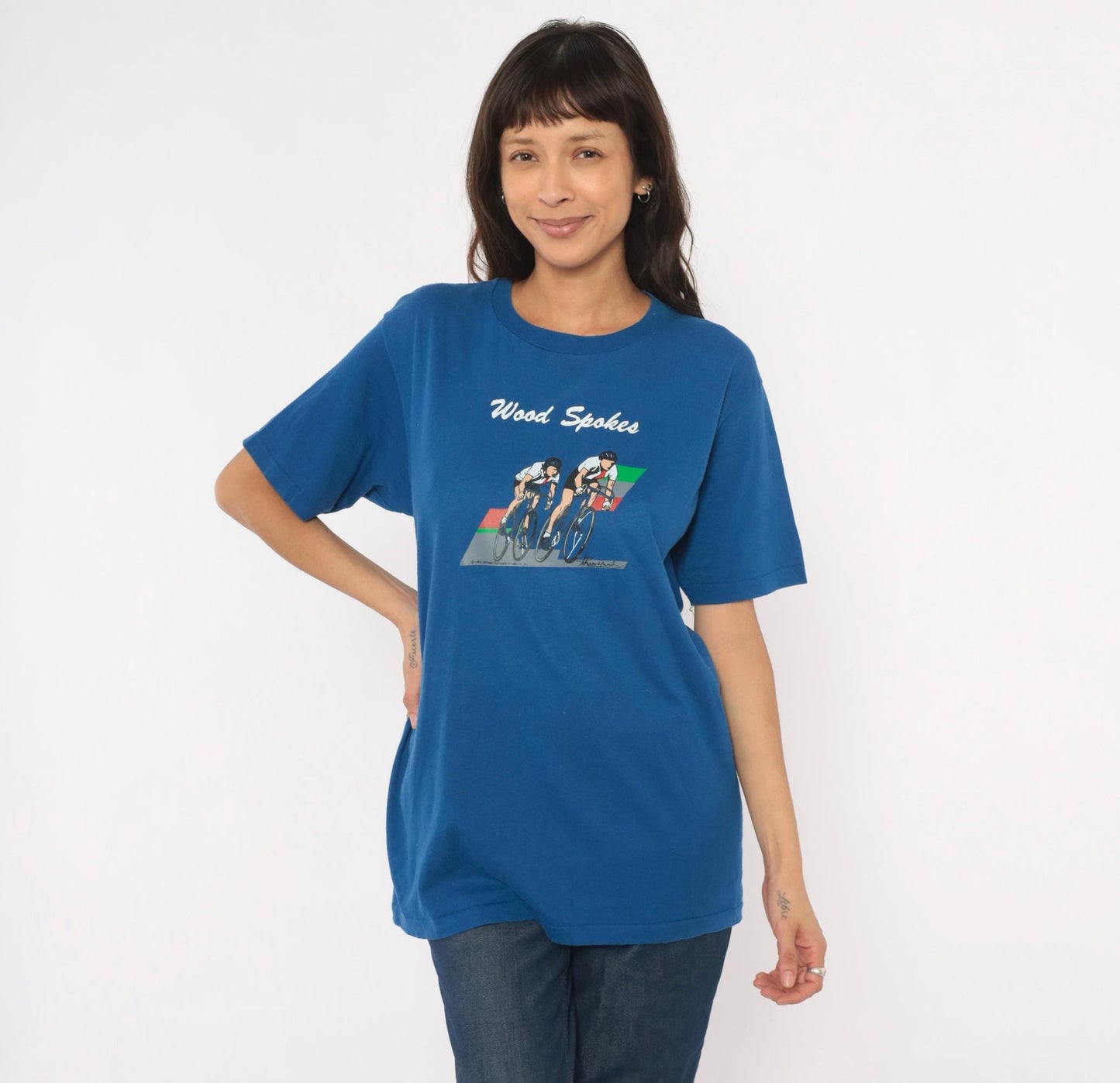 80s Jerzees Wood Spokes Cycling Graphic Tee Blue Crew Neck Large L