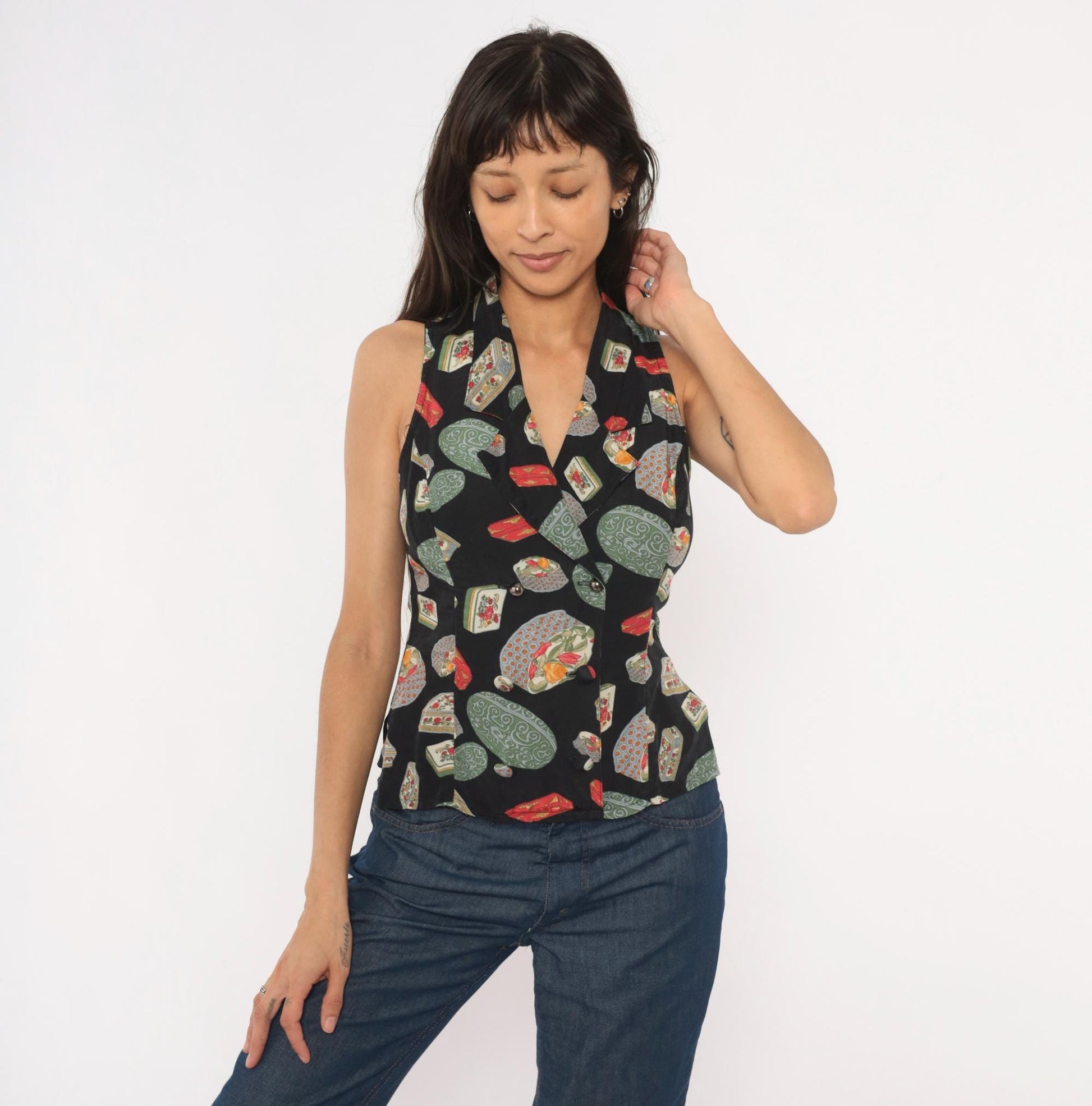 90s Paris Blues Novelty Print Halter Vest Black Green Red Small