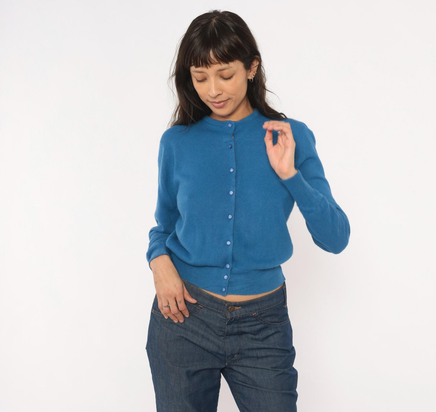 60s Joyce Lane Blue Cardigan Knit Sweater Cropped Ribbed Small S
