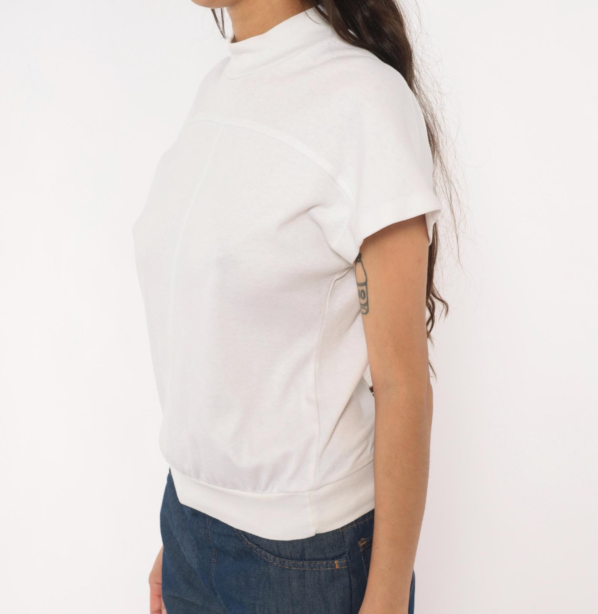 90s White Stag Mock Neck Short Sleeve Top Cream Cotton Pullover Small S