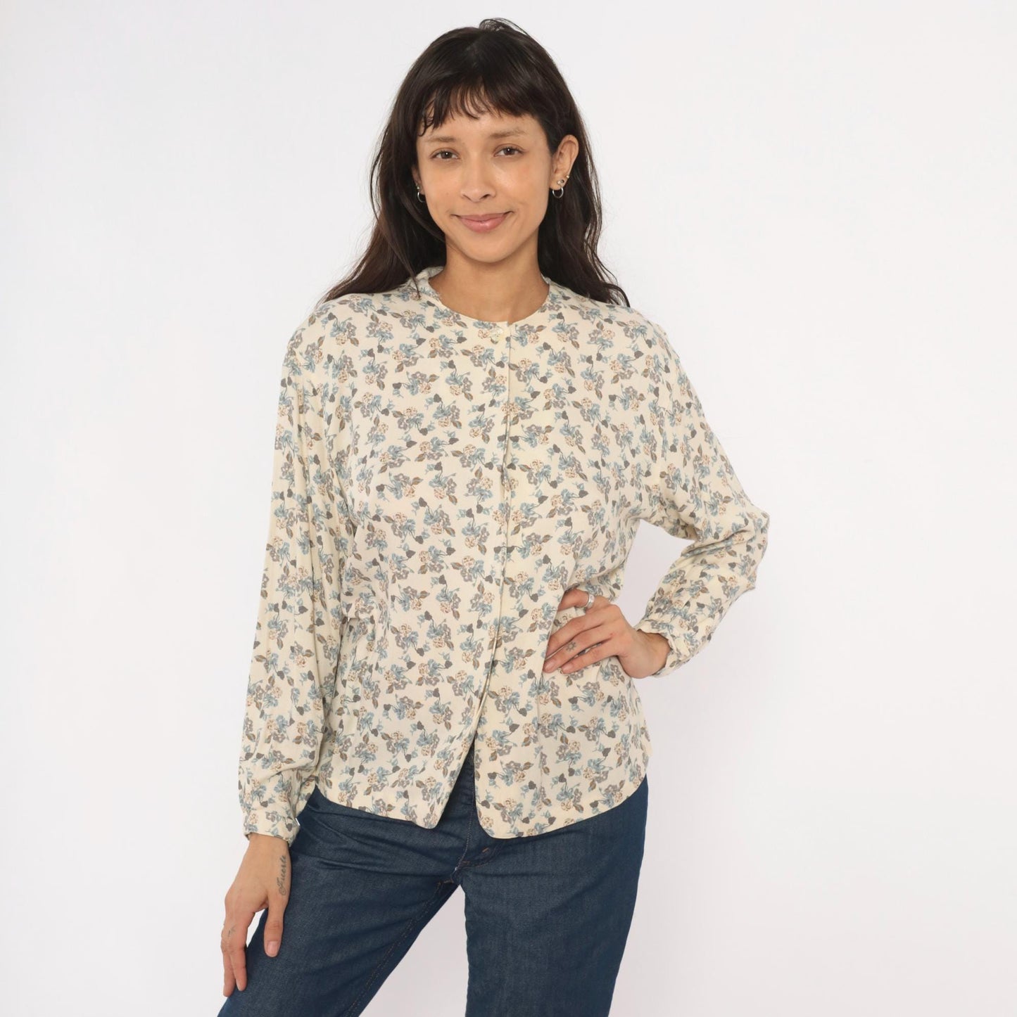 90s Josephine Chaus Floral Button Blouse Cream Puff Sleeve Collarless Medium M
