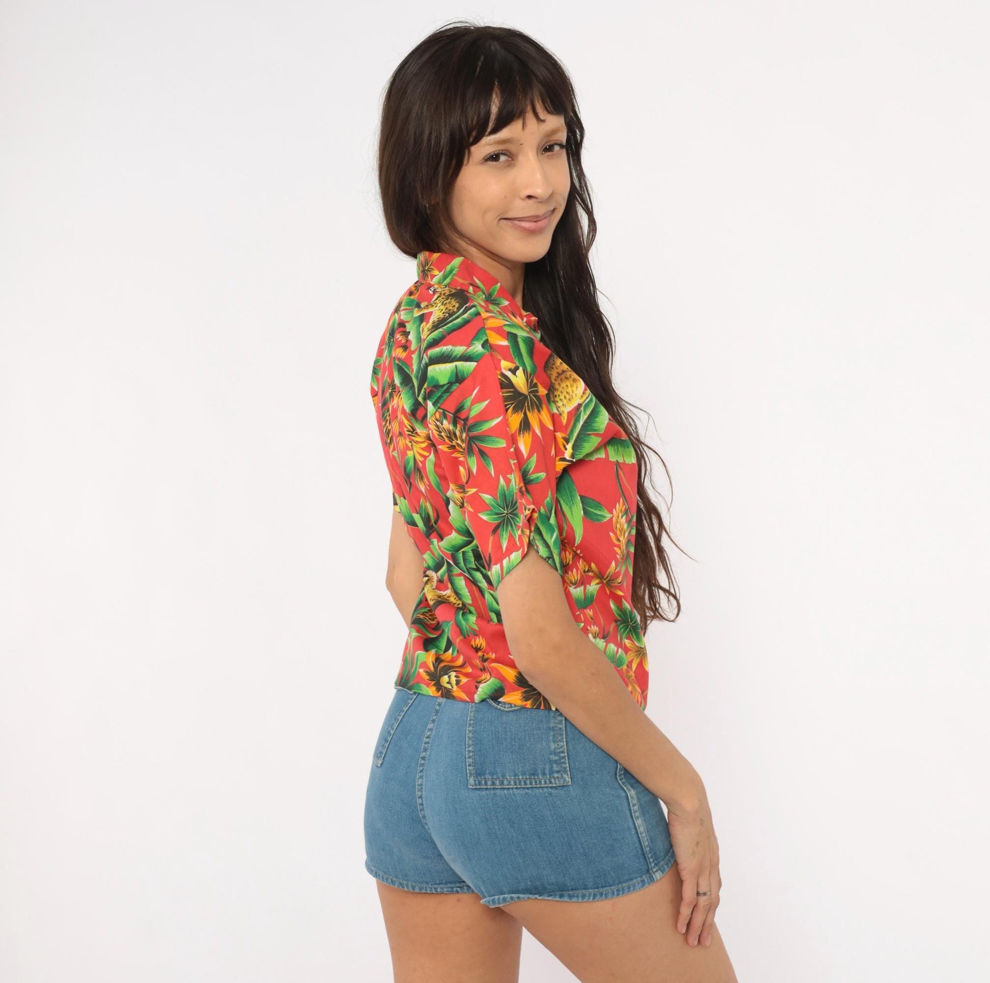 80s Jungle Leopard Hawaiian Shirt Red Tropical Cotton Rayon Camp Collar Extra Small XS