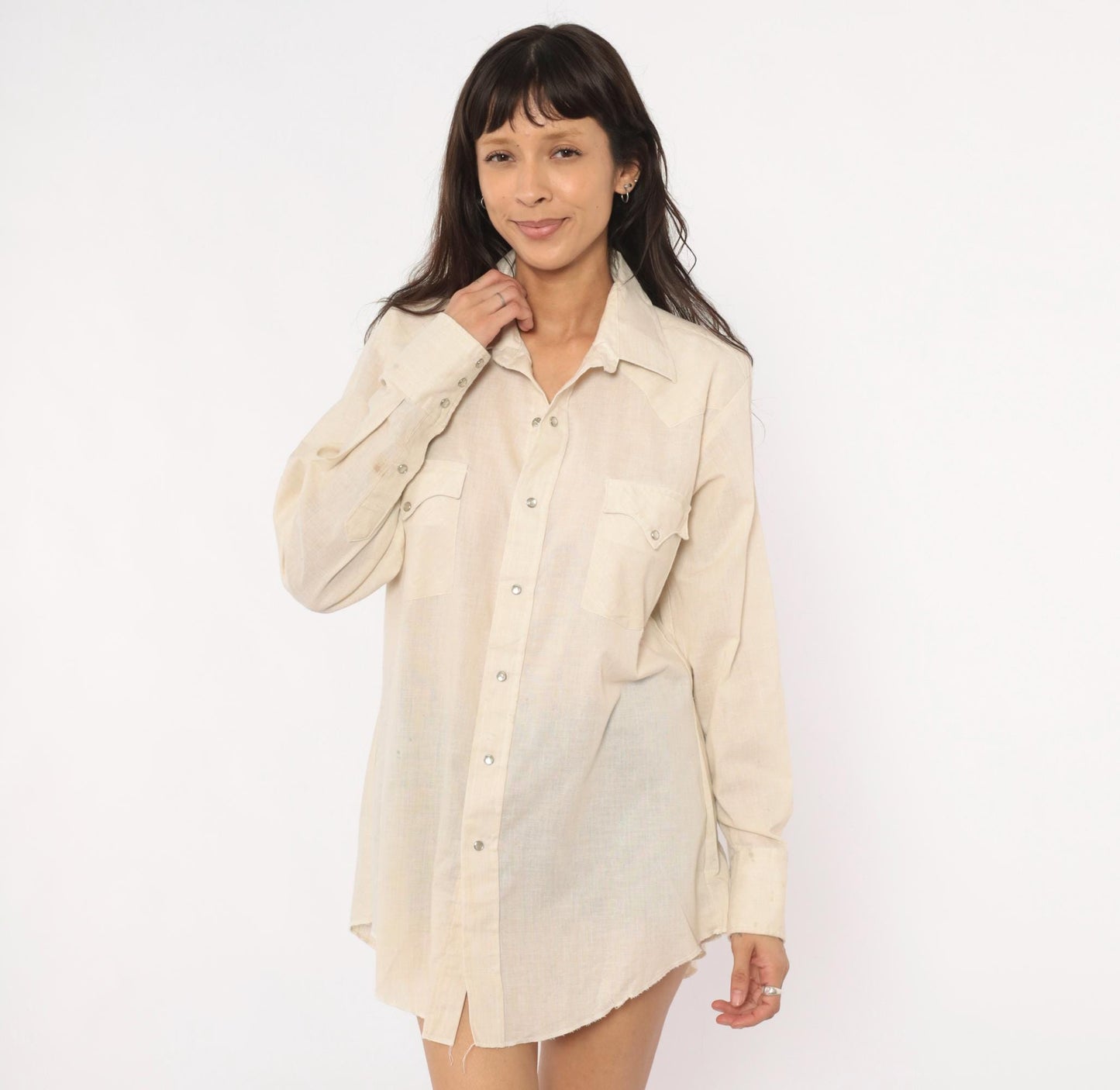 80s Karman Western Shirt Cream Pearl Snap Button Pointed Collar Mens Medium