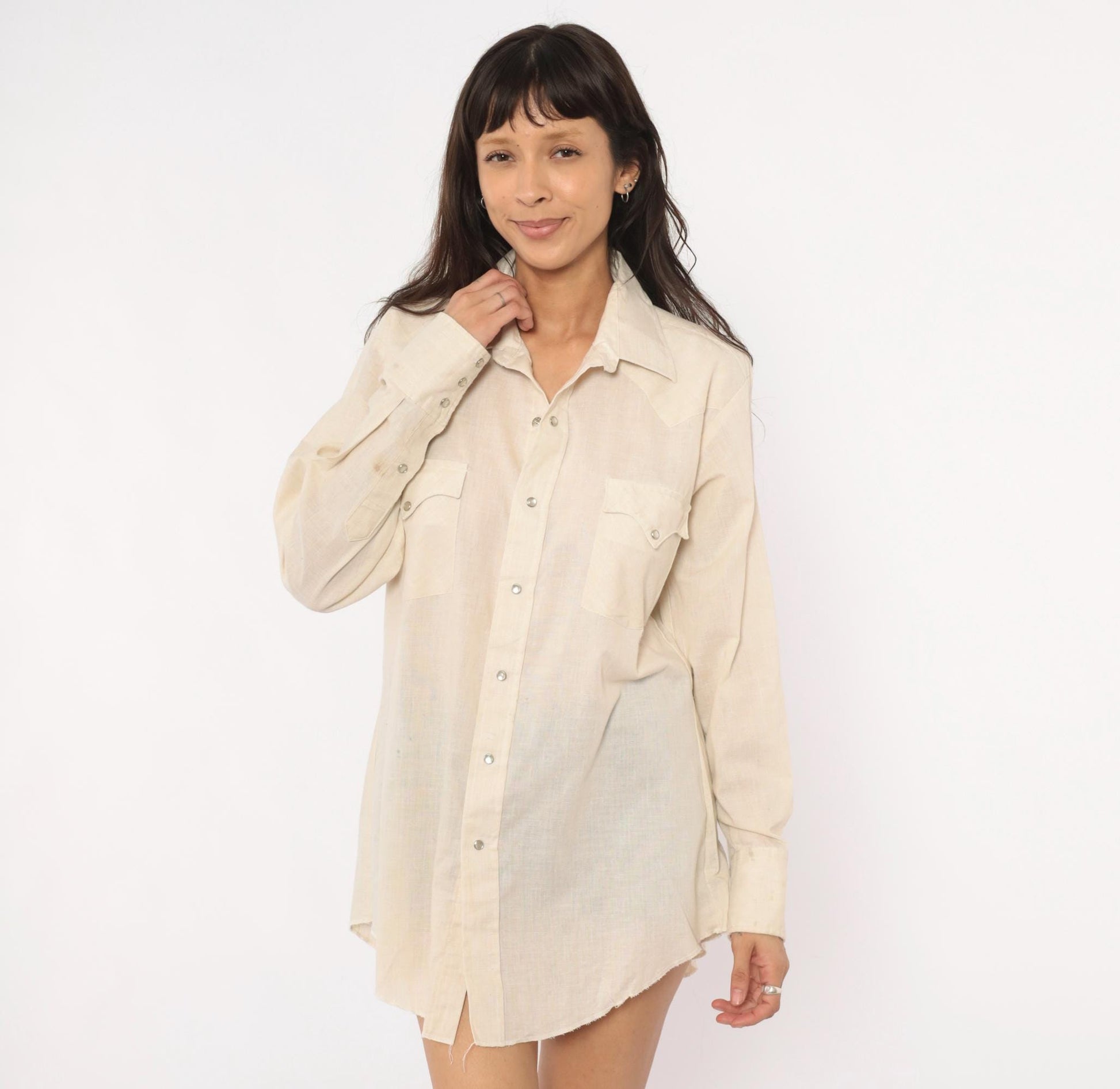 80s Karman Western Shirt Cream Pearl Snap Button Pointed Collar Mens Medium