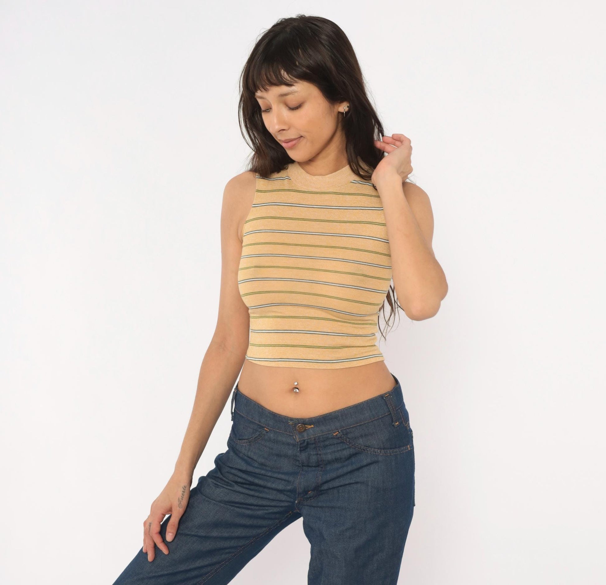 80s Towncraft Striped Mock Neck Crop Tank Tan Olive Extra Extra Small XXS