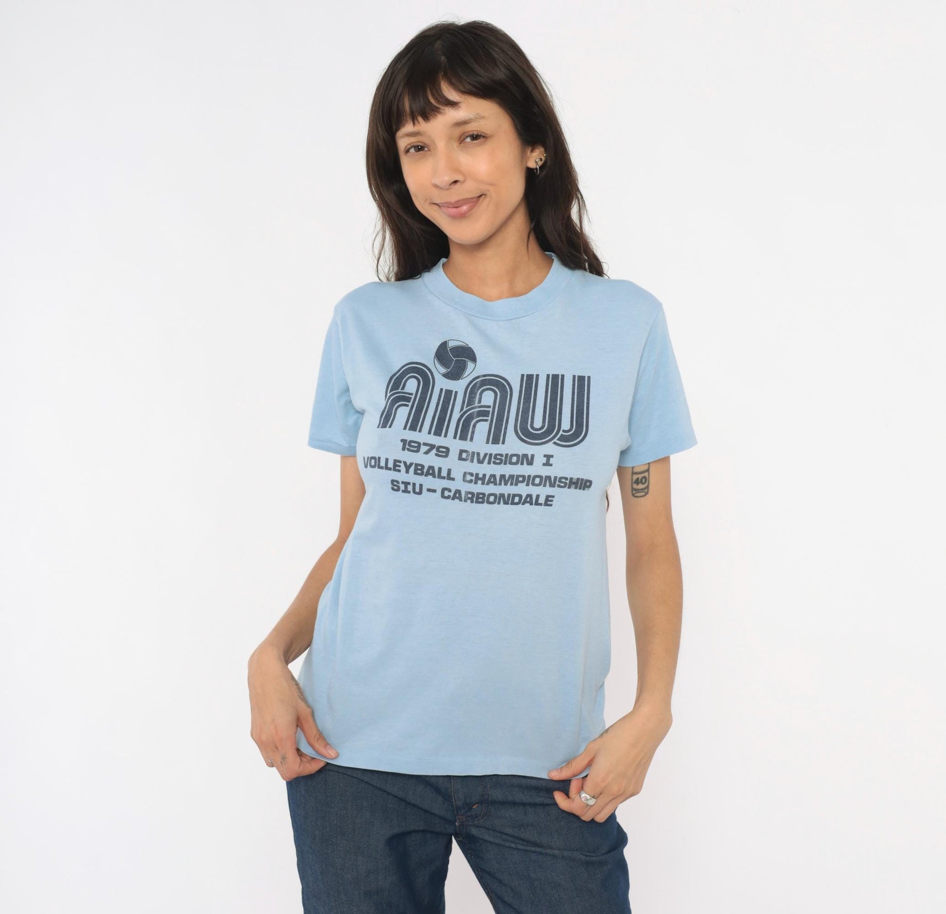 70s SIU Carbondale Volleyball Championship Graphic Tee Light Blue Small