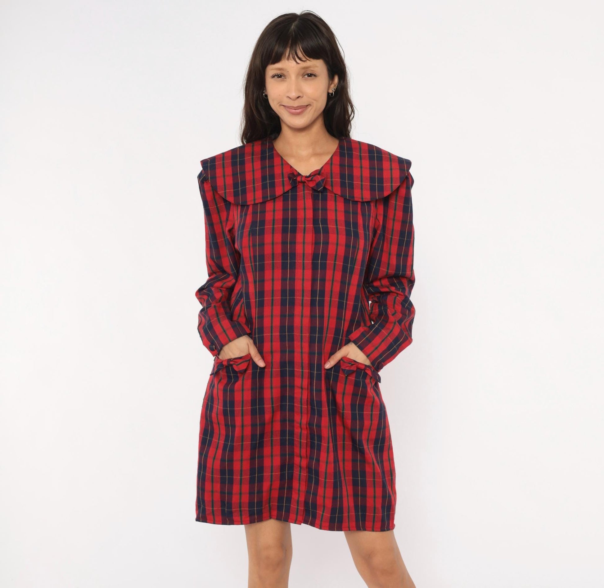 80s Sharon Young Plaid Shift Dress Red Navy Tartan Peter Pan Collar Large L