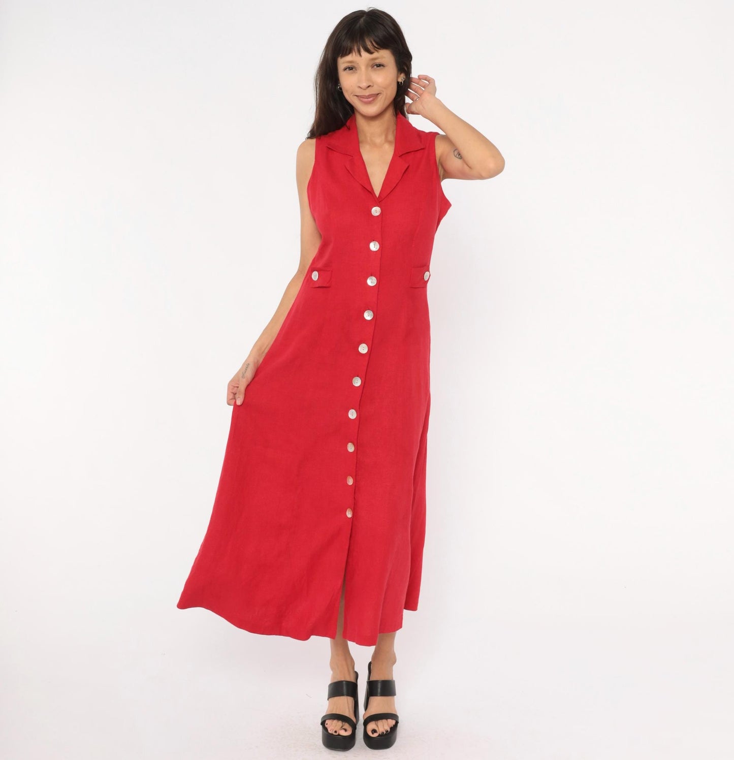 90s Ultra Dress Red Linen Button-Front Maxi Shirtdress Small S