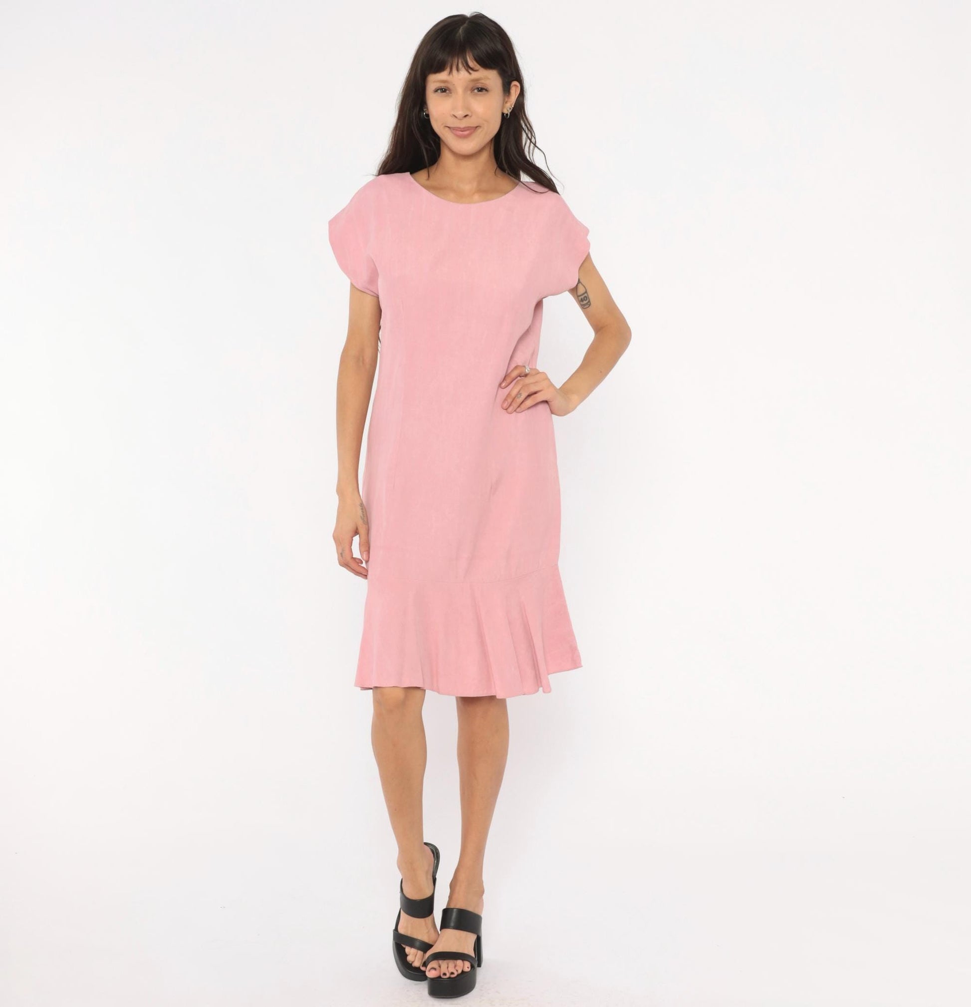 80s Damon Petite Dusty Rose Drop Waist Dress Cap Sleeve Knee Length Small S
