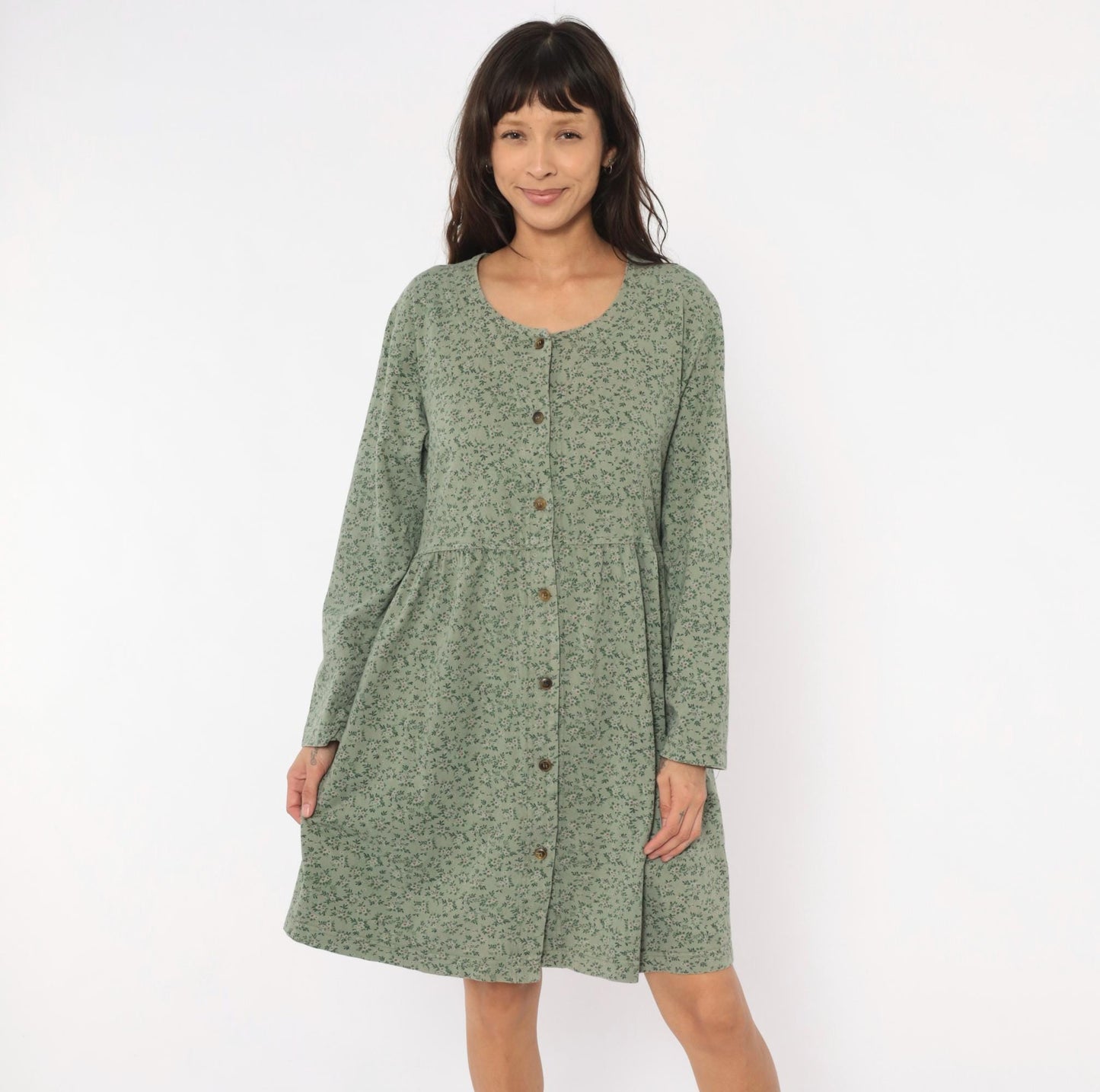 90s Sage Green Floral Button Front Dress Long Sleeve Cotton Prairie Gathered Waist Large L