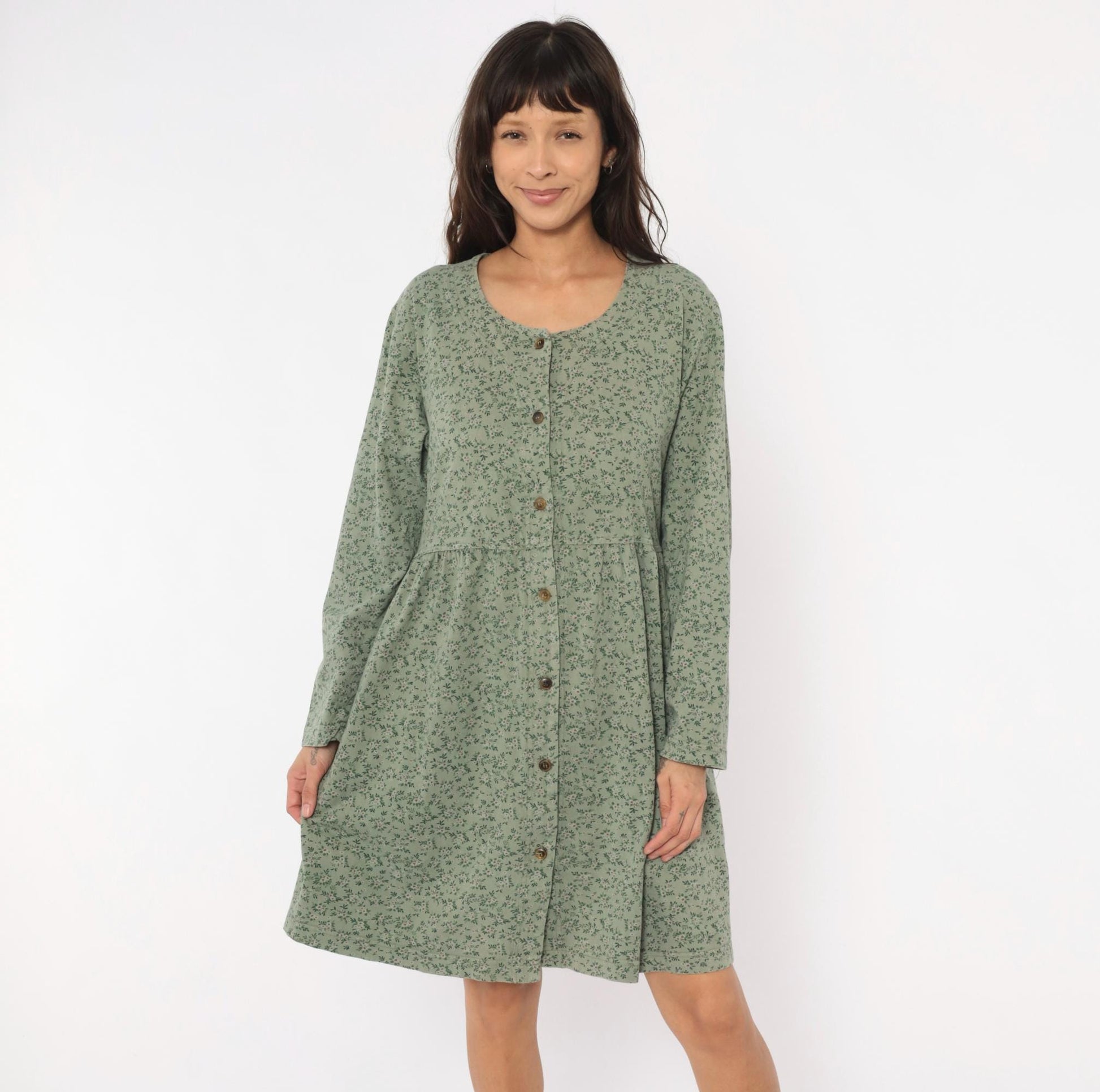 90s Sage Green Floral Button Front Dress Long Sleeve Cotton Prairie Gathered Waist Large L