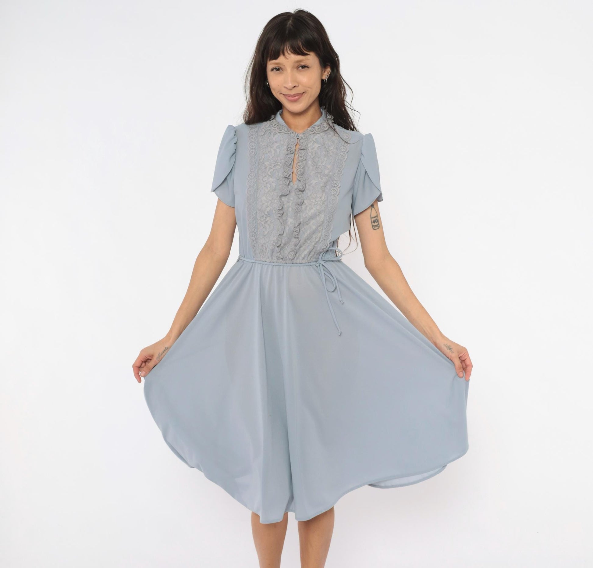 70s Powder Blue Lace Bib Midi Dress Puff Sleeve Keyhole Neckline Medium
