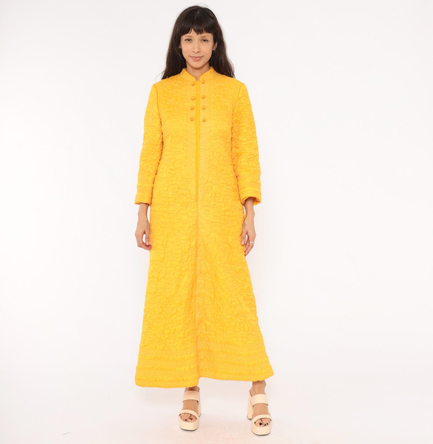 70s Golden Yellow Quilted Maxi Robe Mandarin Collar Floral Embroidered Medium