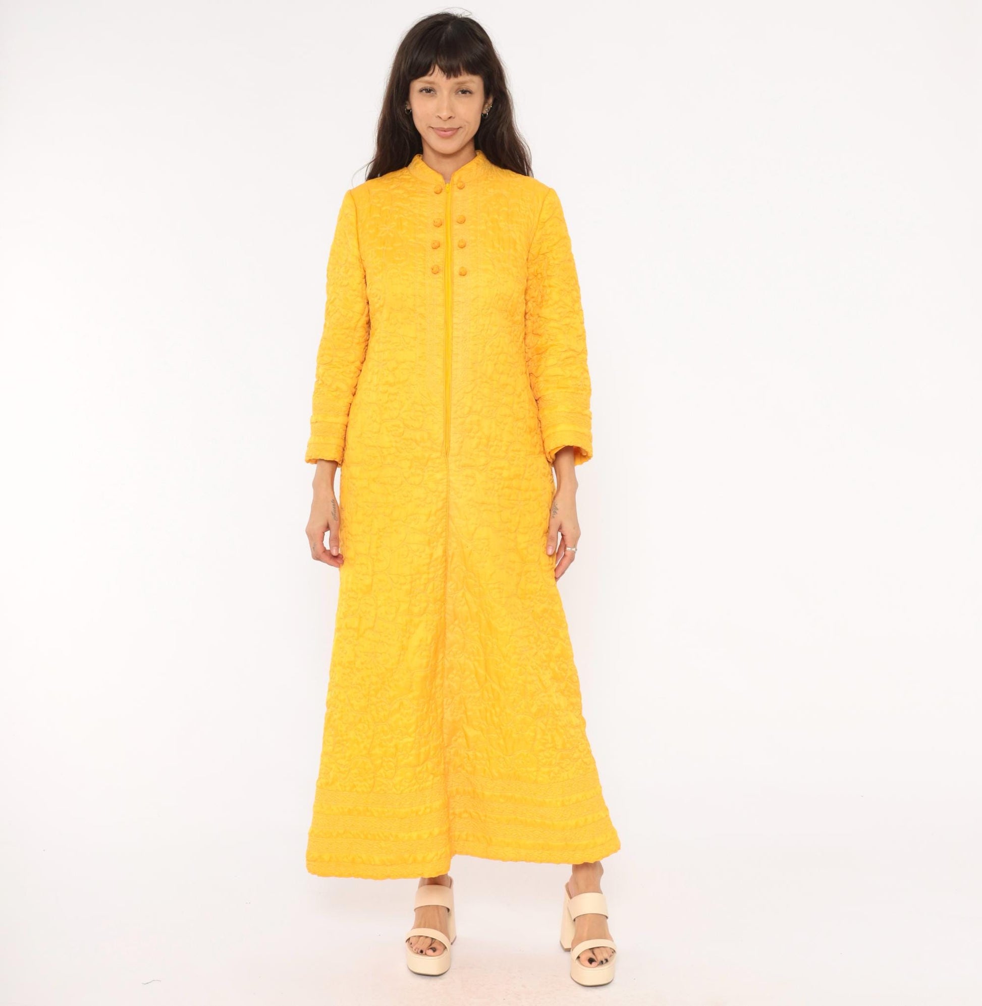 70s Golden Yellow Quilted Maxi Robe Mandarin Collar Floral Embroidered Medium