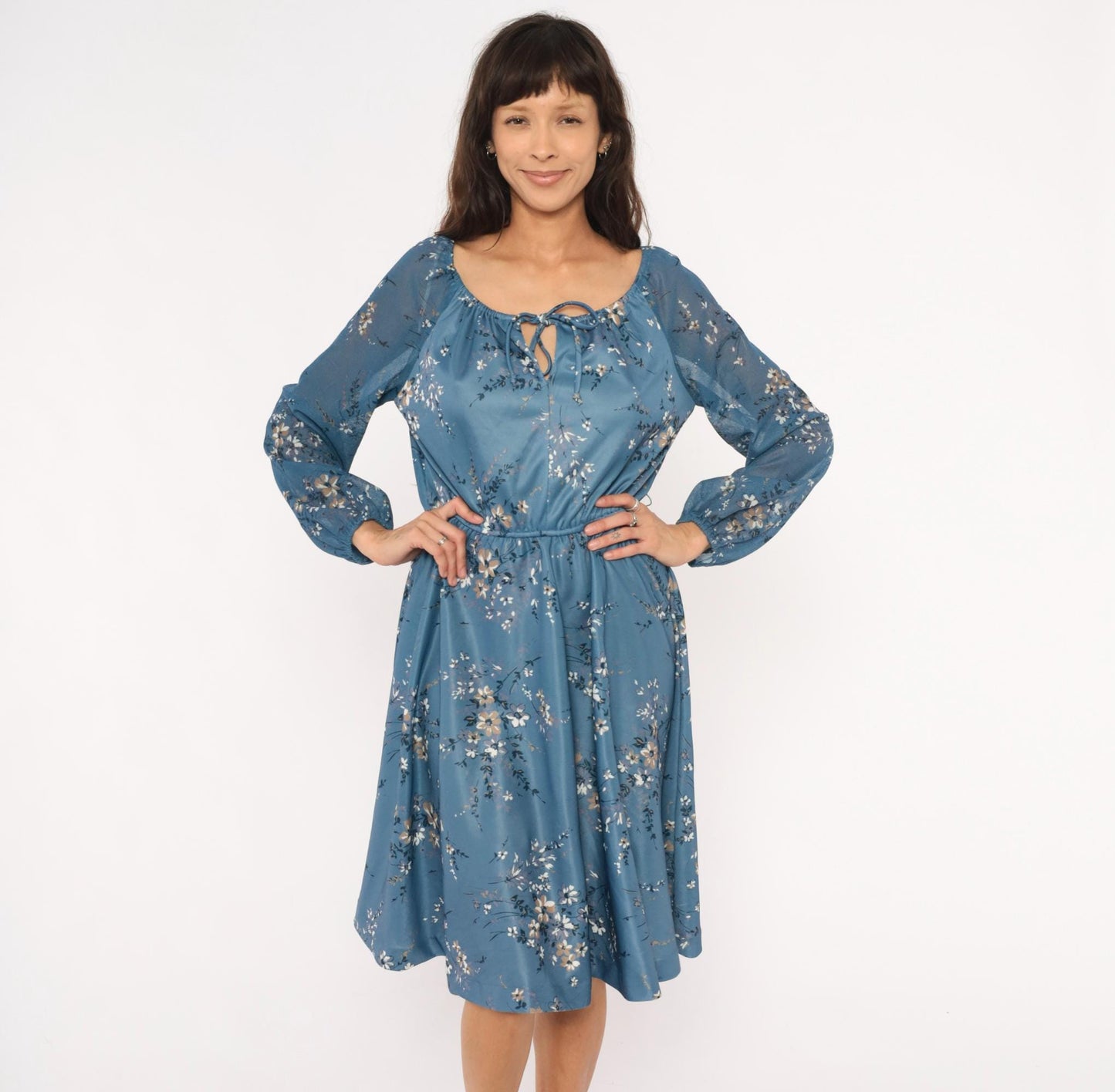 70s Steel Blue Wildflower Peasant Dress Bishop Sleeve Tie Front Knee Length Large L