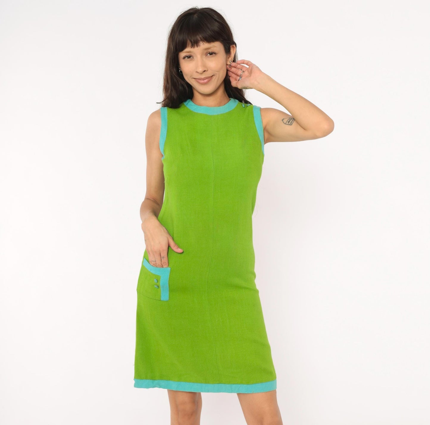 60s Mod Shift Dress Lime Green Aqua Trim Cotton Mini A-Line Extra Small XS