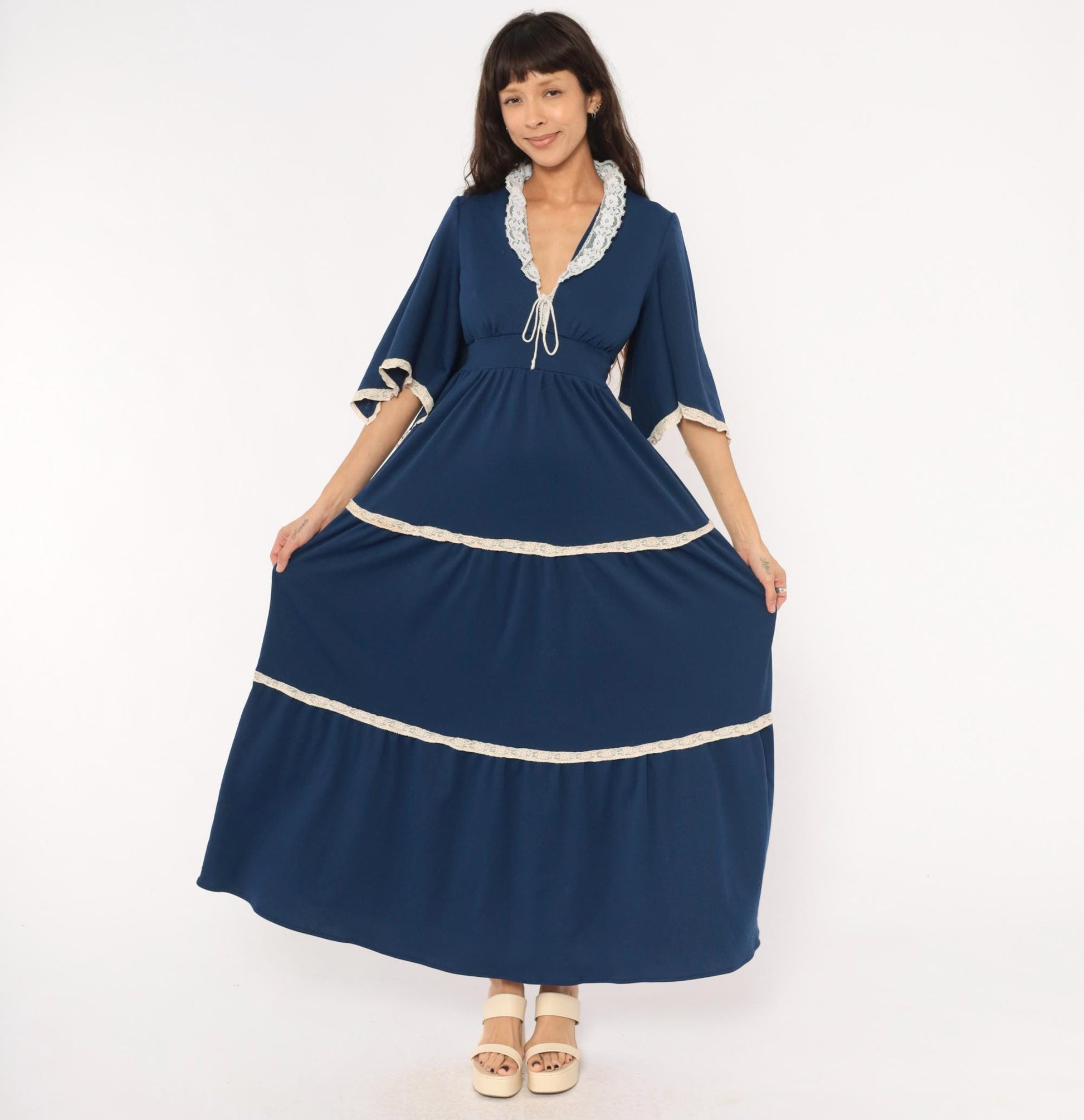 70s Navy Maxi Dress White Lace Trim Bell Sleeve Empire Waist Tiered Skirt Medium
