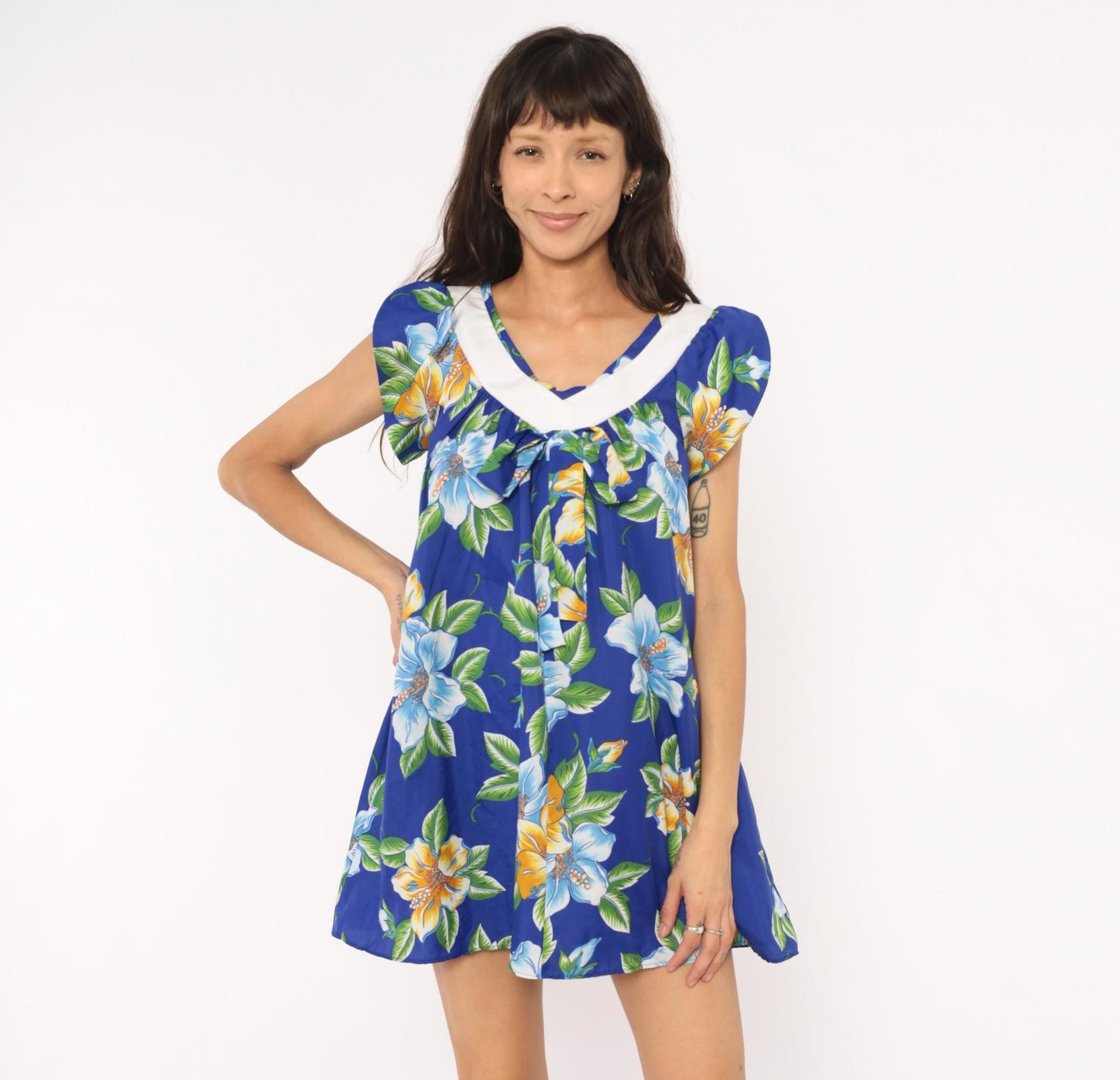 80s Hilo Hatties Hawaiian Floral Mini Dress Cobalt Blue Hibiscus Small S