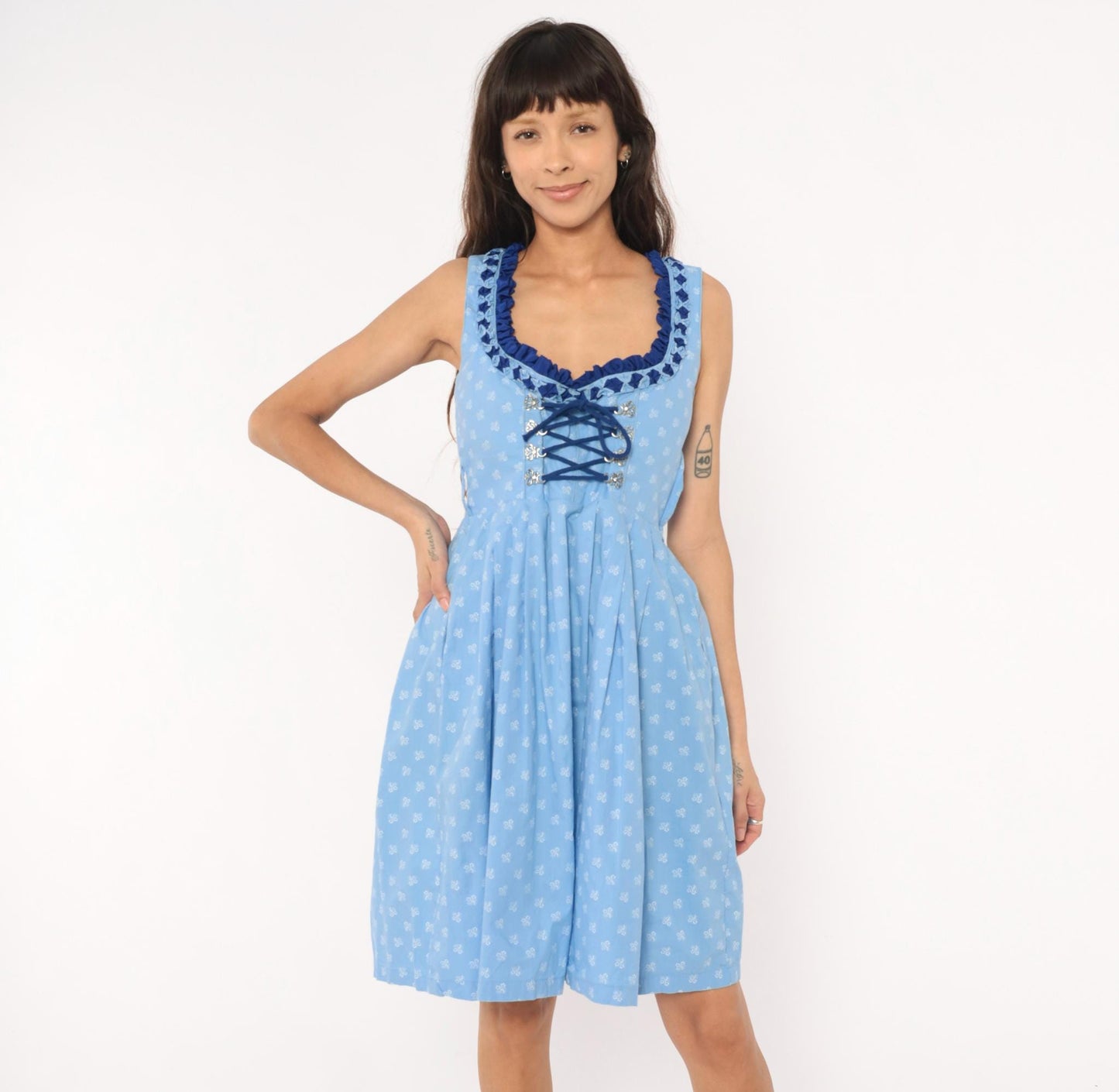 2000s Almenrausch Bavarian Dirndl Dress Sky Blue Floral Cotton Medium M