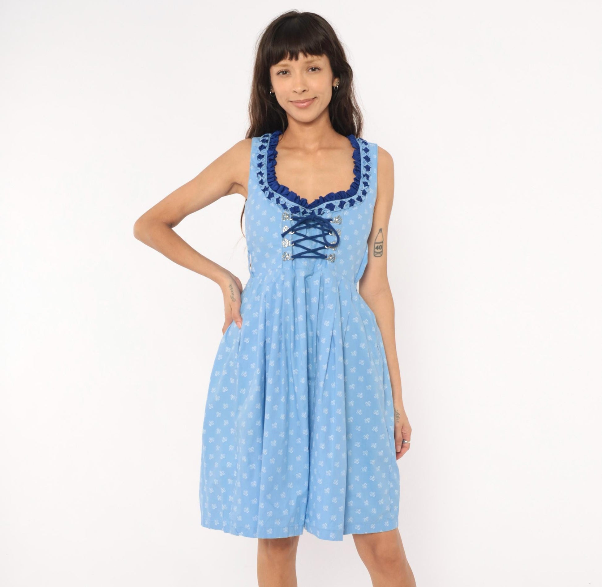 2000s Almenrausch Bavarian Dirndl Dress Sky Blue Floral Cotton Medium M